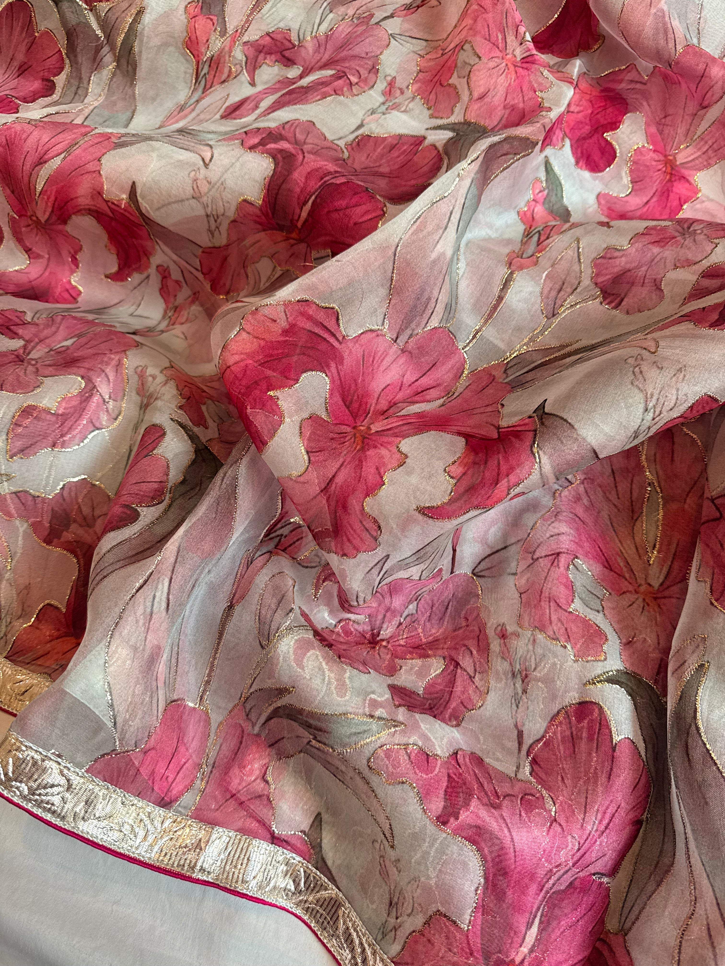Kora silk printed lampi gotapatti hand embroidered saree