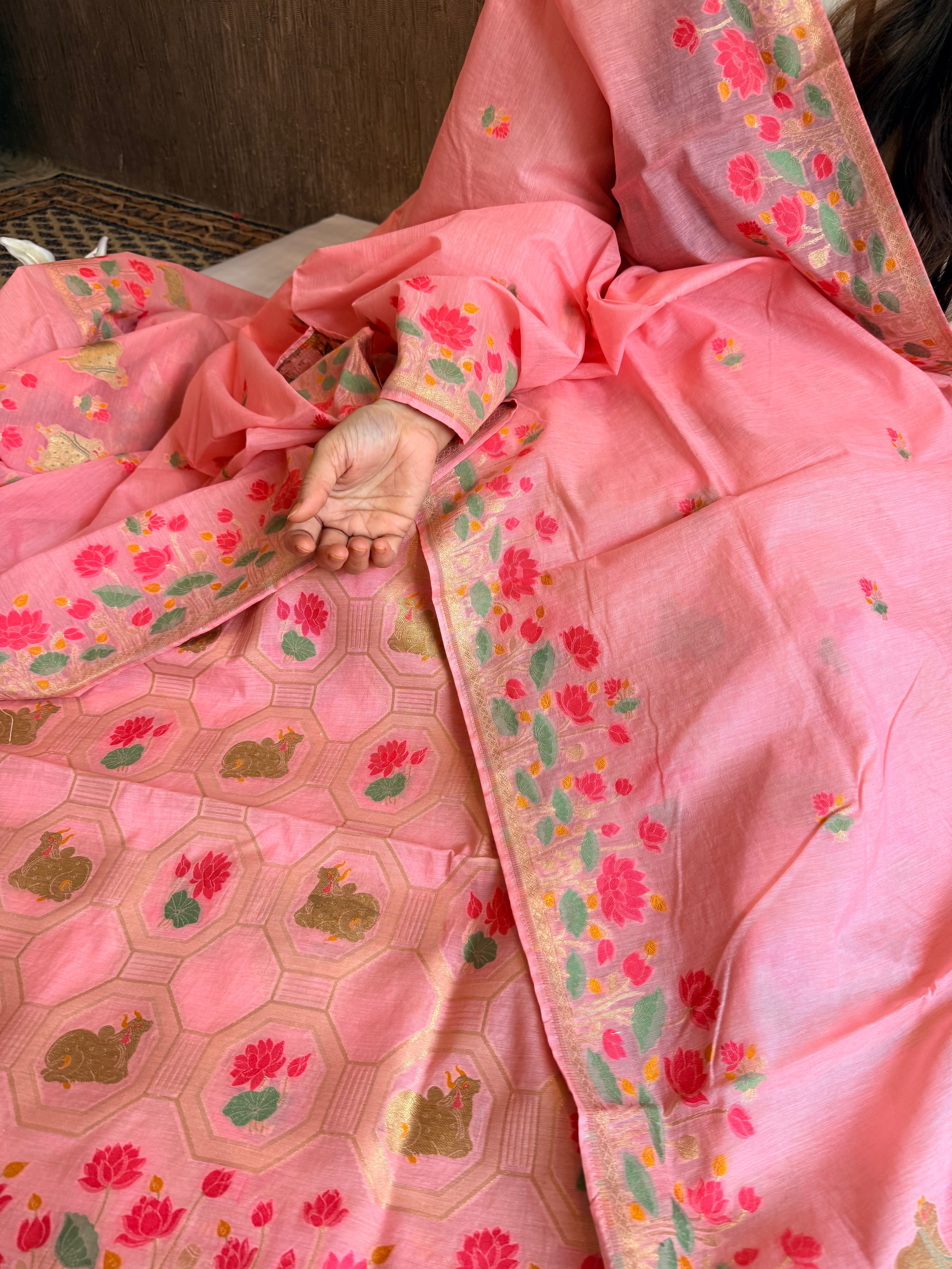 Mul cotton banarasi meenakari nandu motif suit sets