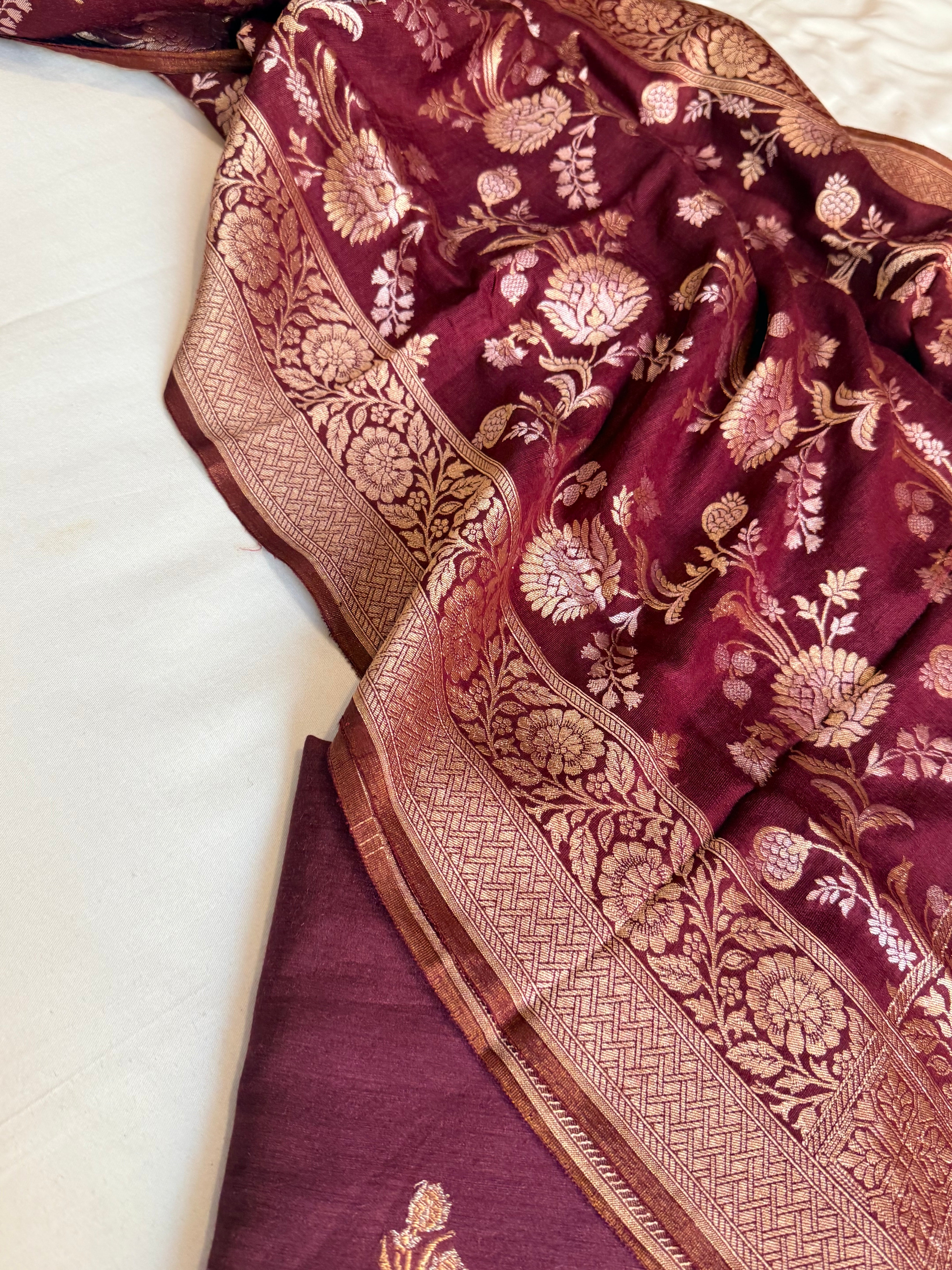 Moonga silk maroon shade kadhwa jungla duppata suit set