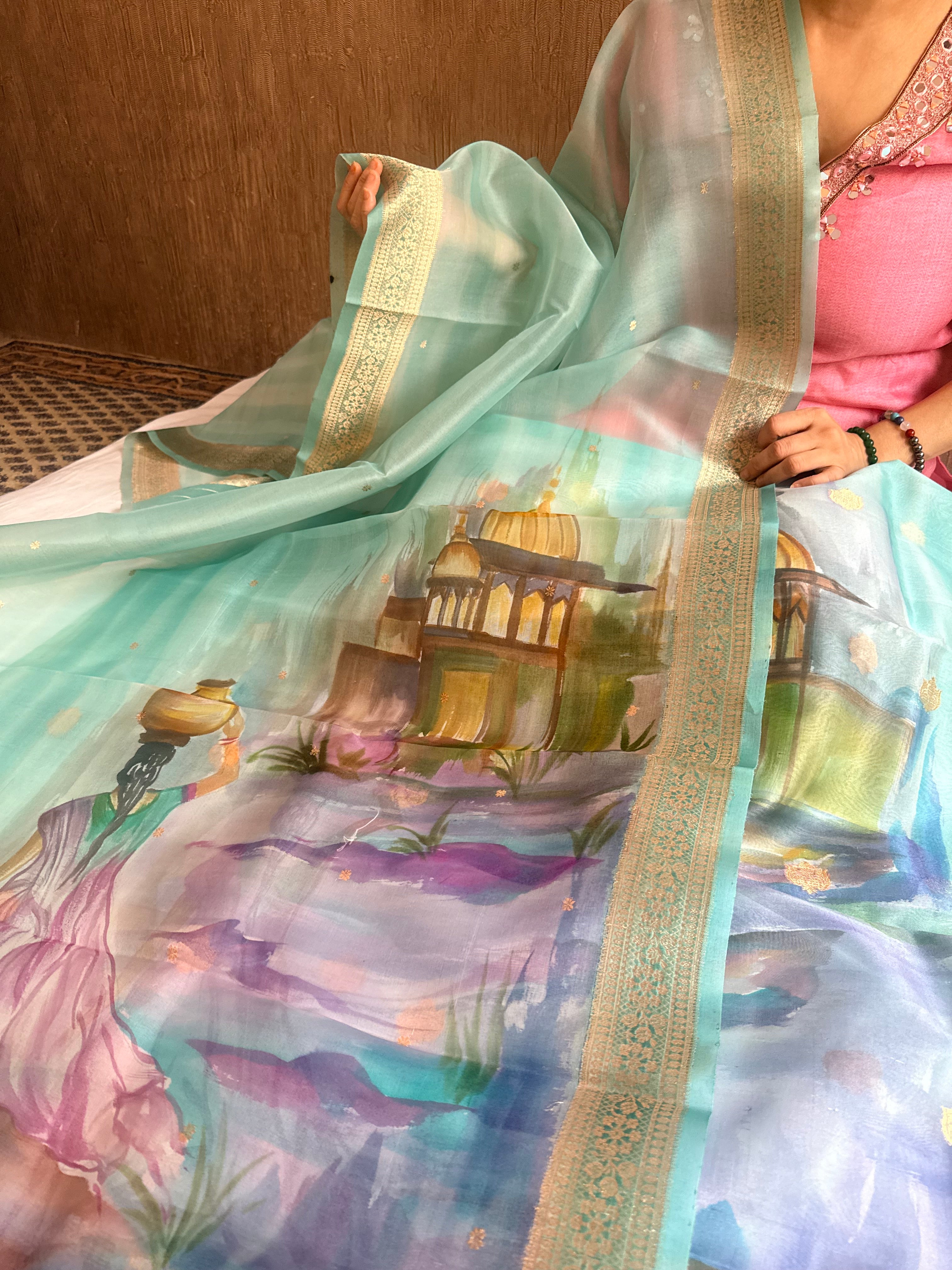 Banarasi kora silk handpainted ghatwork kadhwa buti rainbow dye suits
