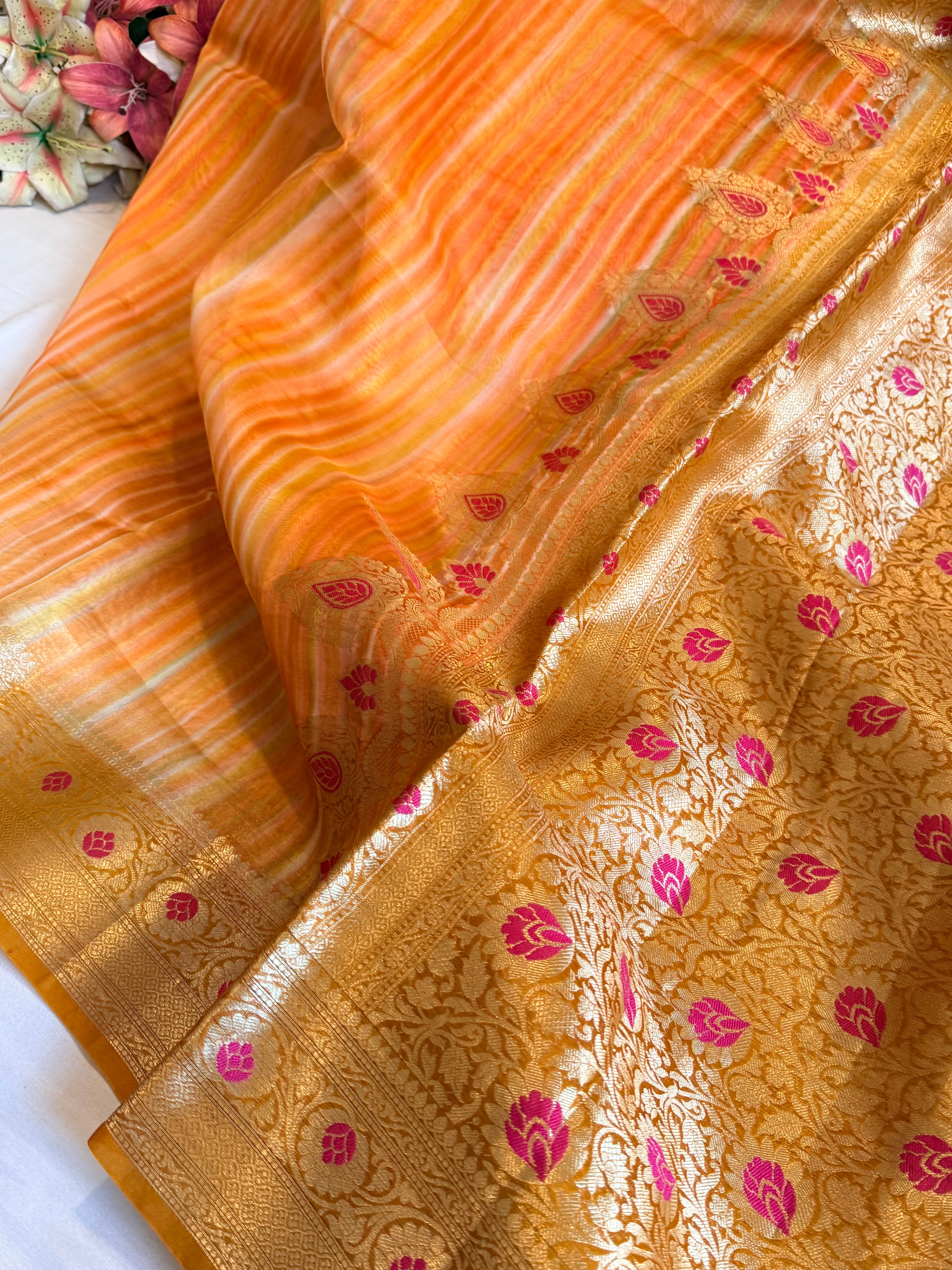 Peachy orange kora silk rainbow dyed meenakari saree
