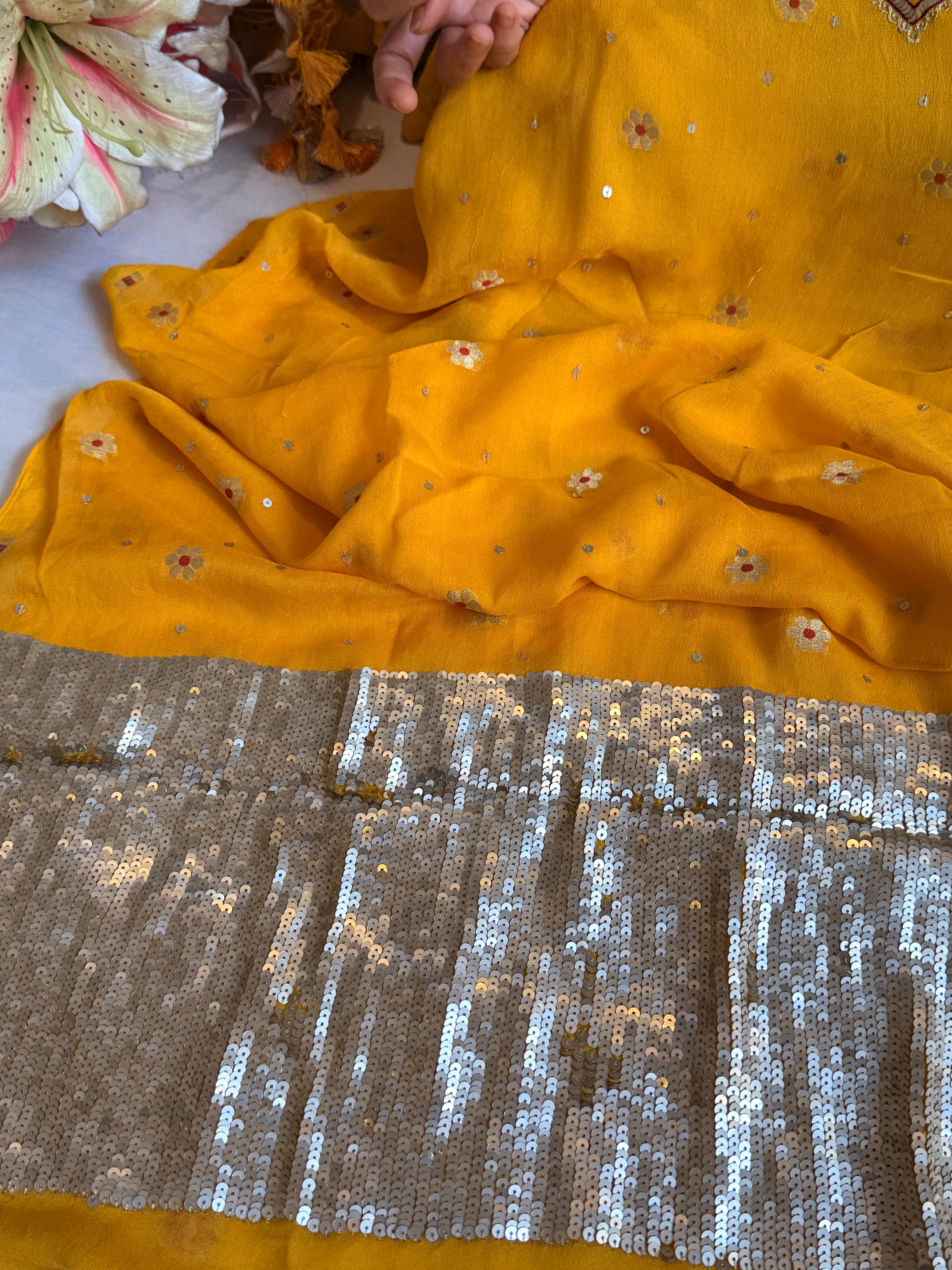 Haldi yellow salma sitara chiffon gorgette hand embroidered suit set
