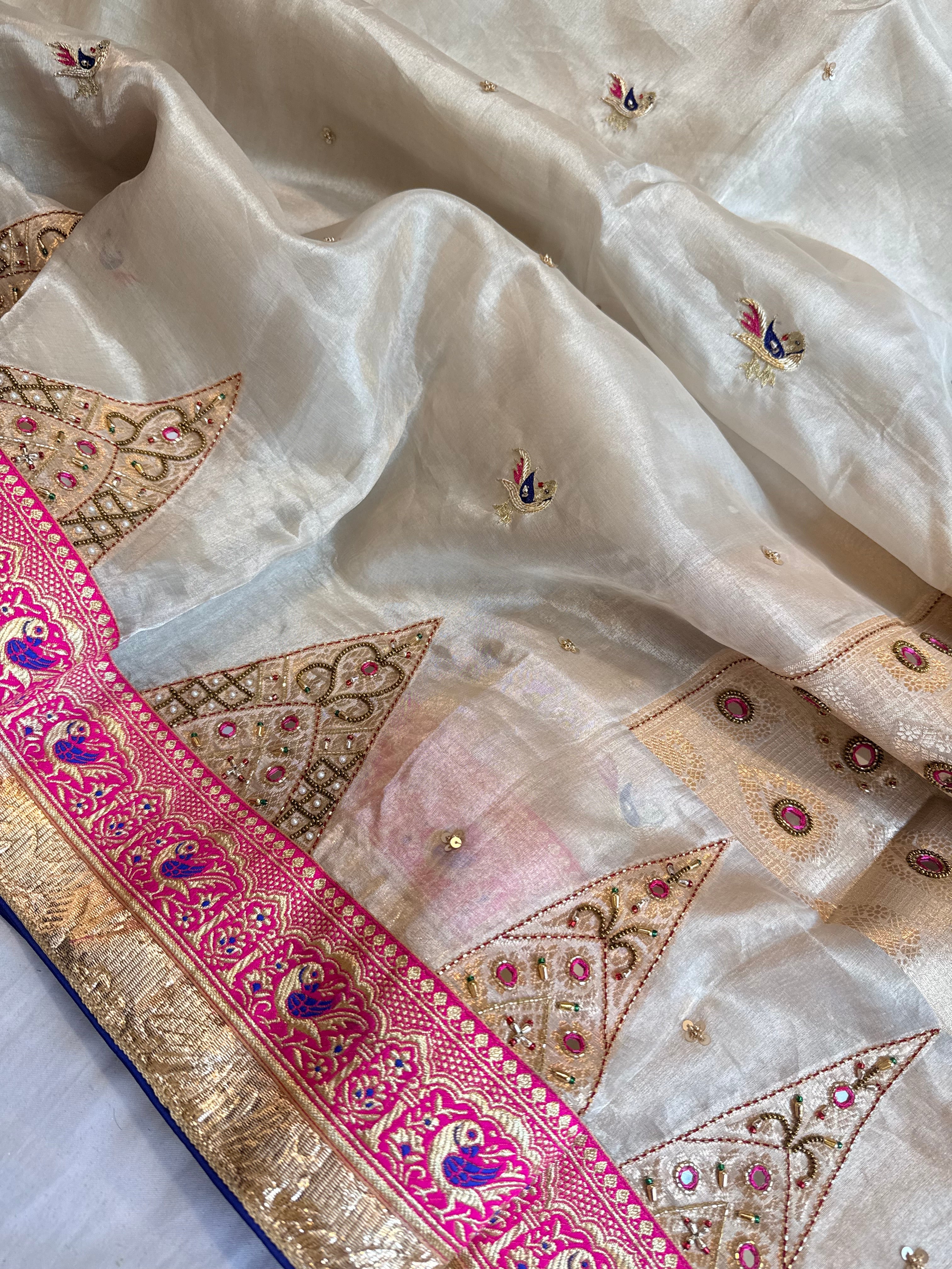 Toran temple border Ivory tissue silk patchwork hand embroidered border saree