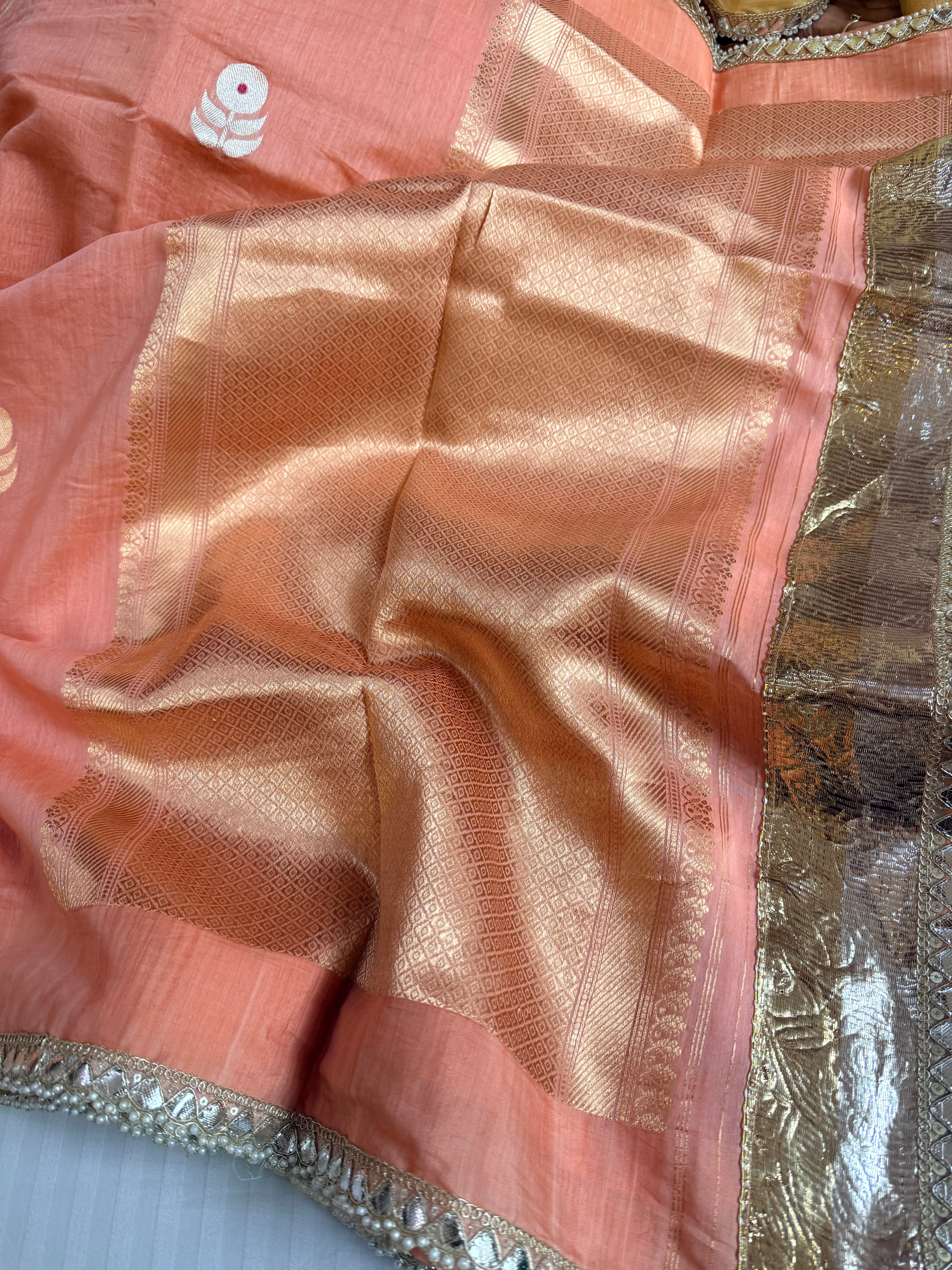 Handloom mulmul cotton silk saree with lampi gota border