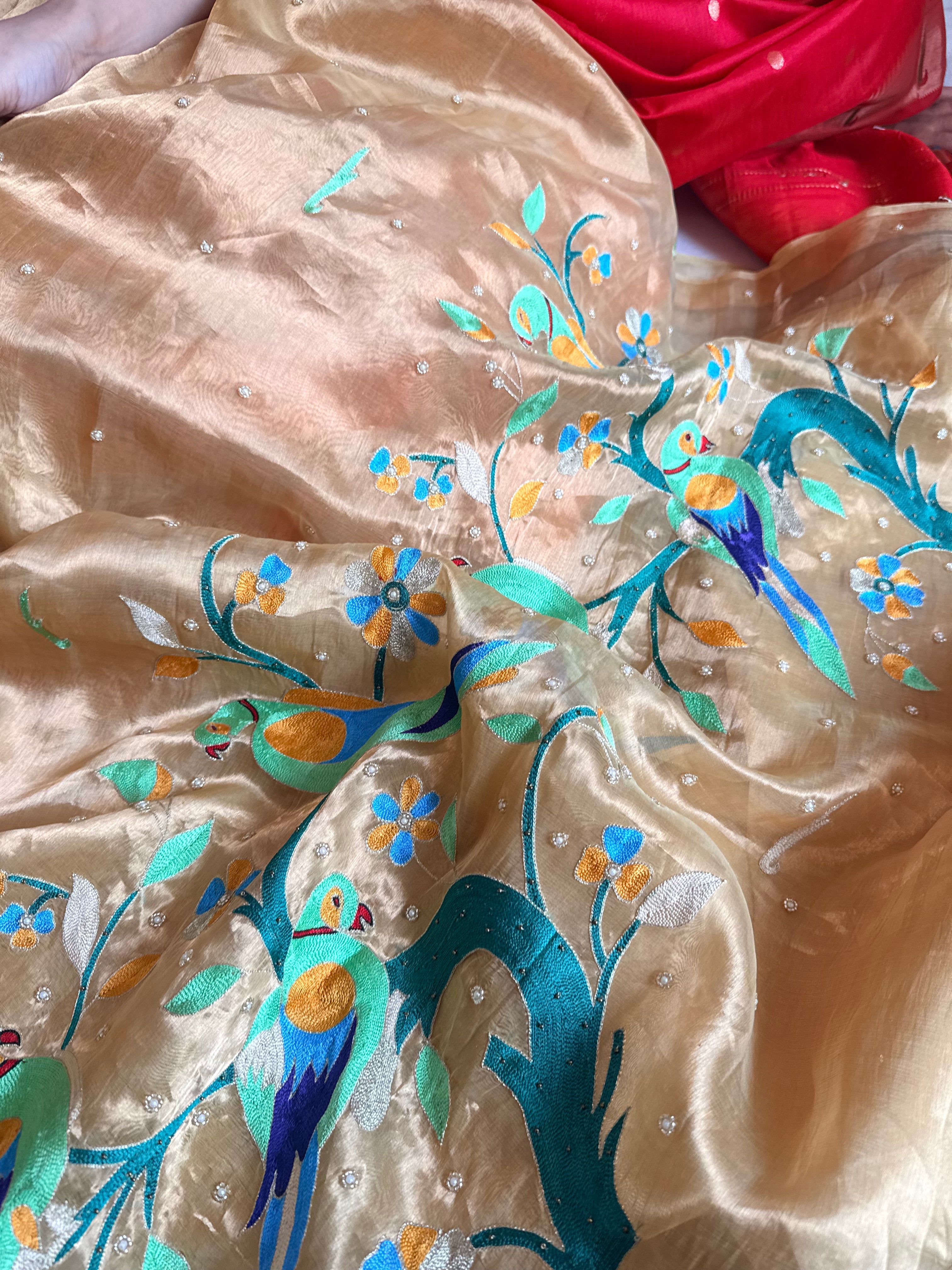 Tissue silk champagne gold paithani design inspired hand embroidered saree