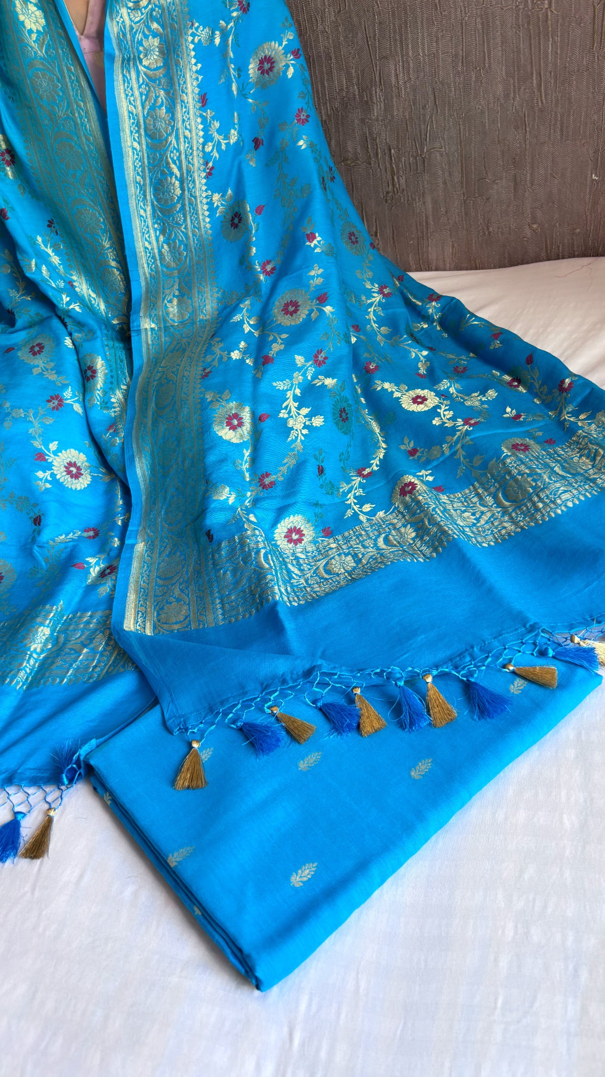 Firozi blue moonga silk meenedar kadhwa jaal suit set