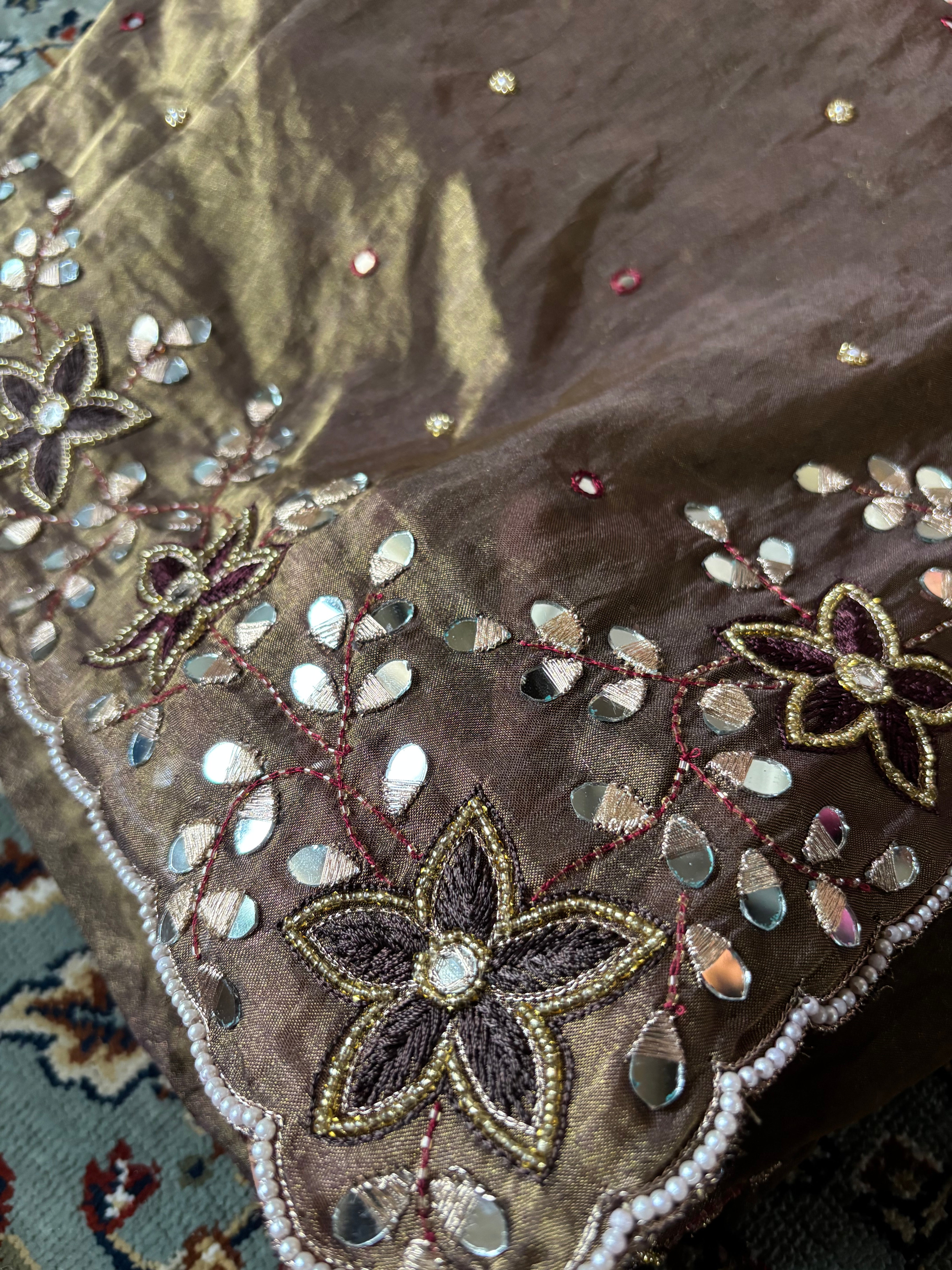 Sheesha aur moti - Chocolate brown mirrorwork and pearlwork hand embroidered saree