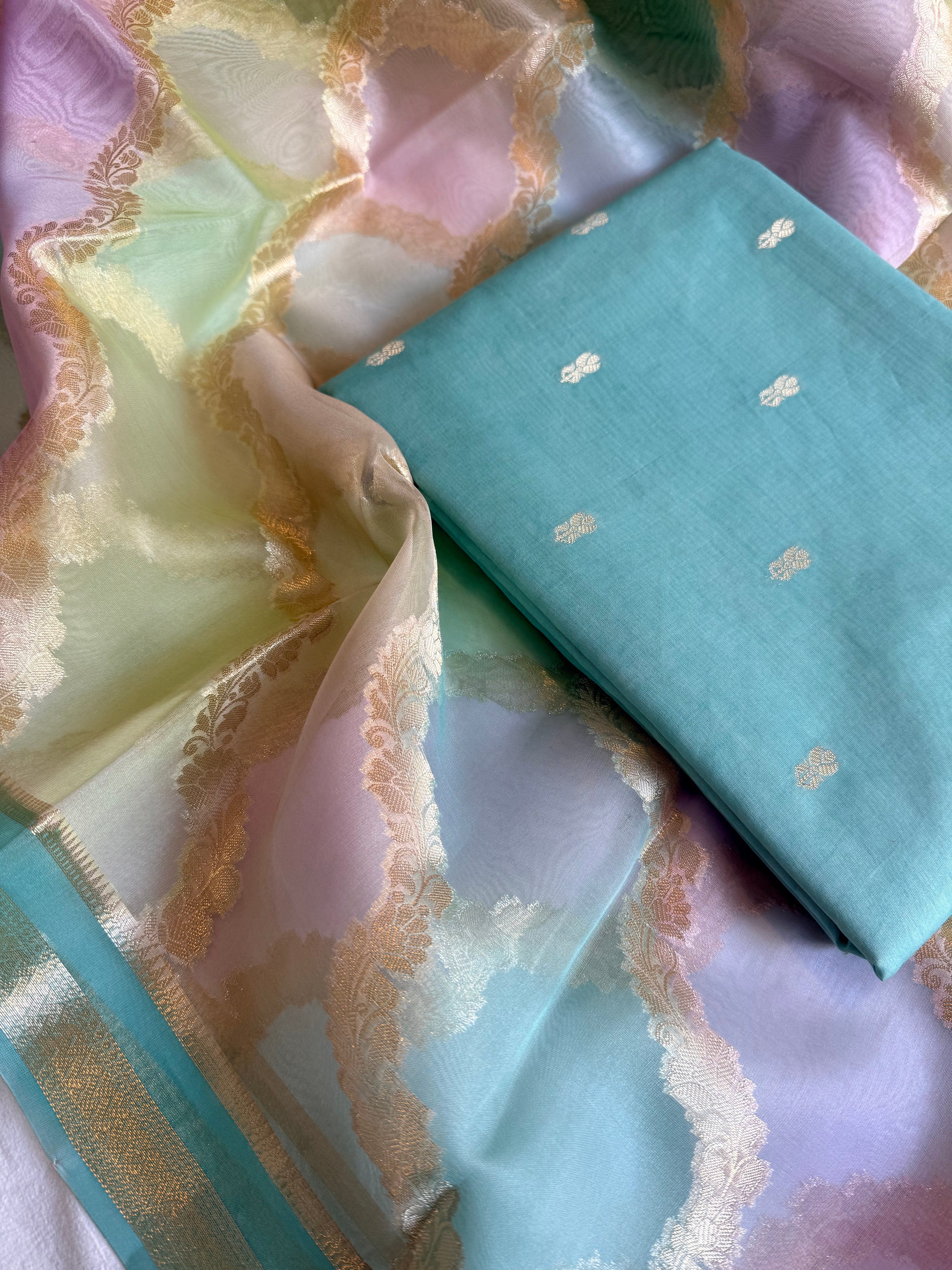Banarasi chiniya silk kurta paired with candy colours rangkaat kora silk duppata