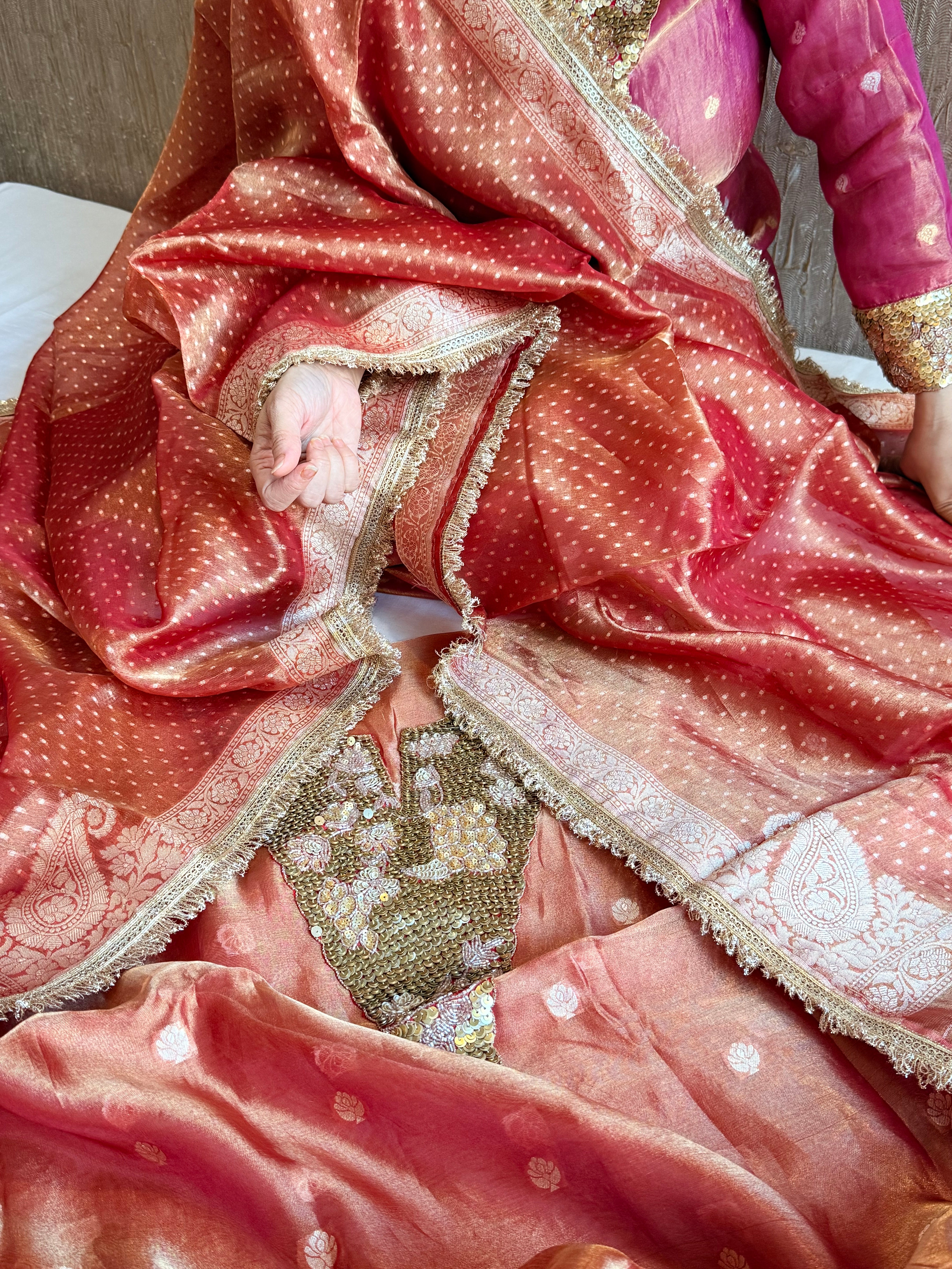 Karwachauth edit tissue silk sequins work hand embroidered suits