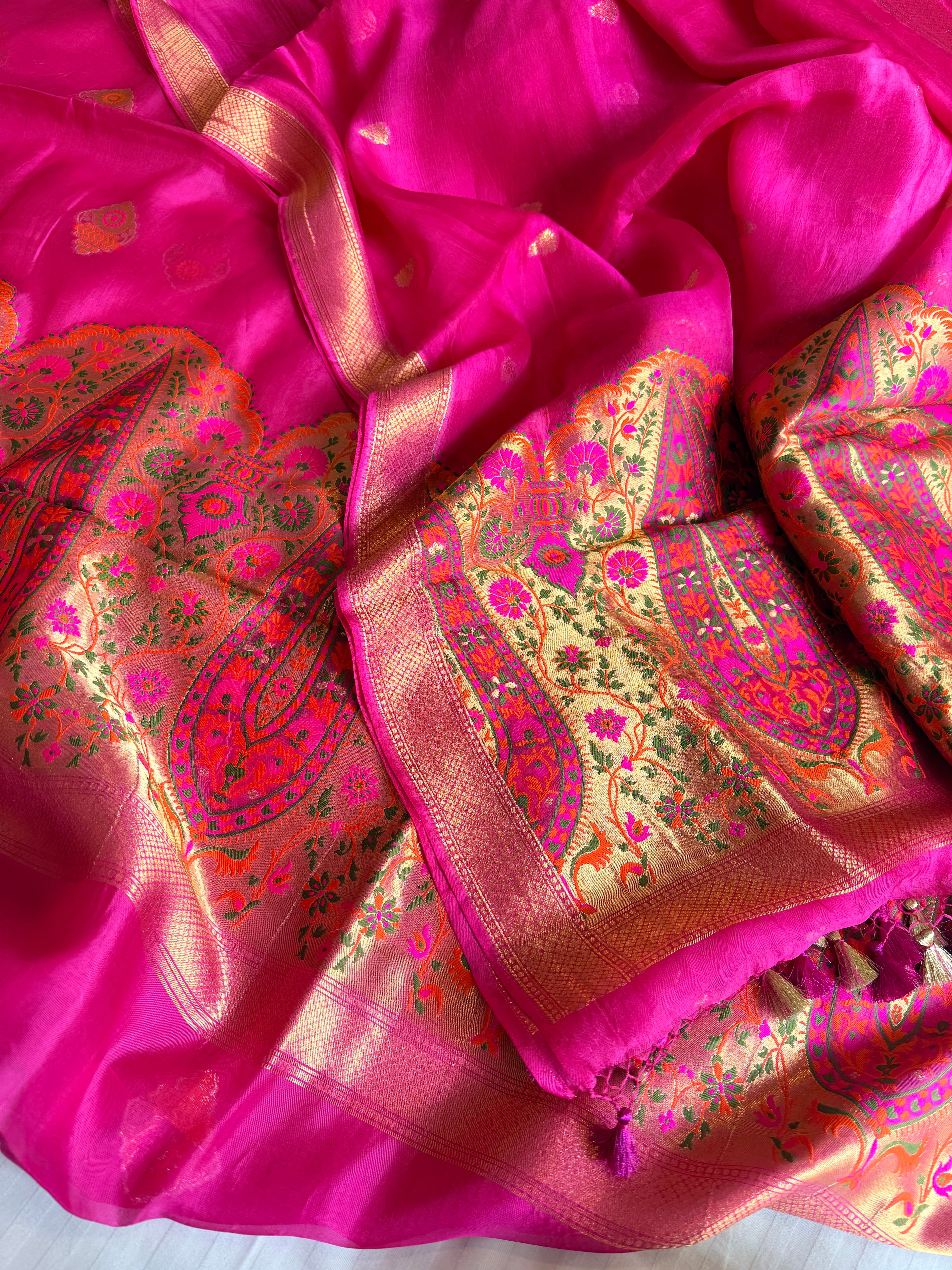 Butter silk banarasi hot pink meenakari kadhwa weaving suit set