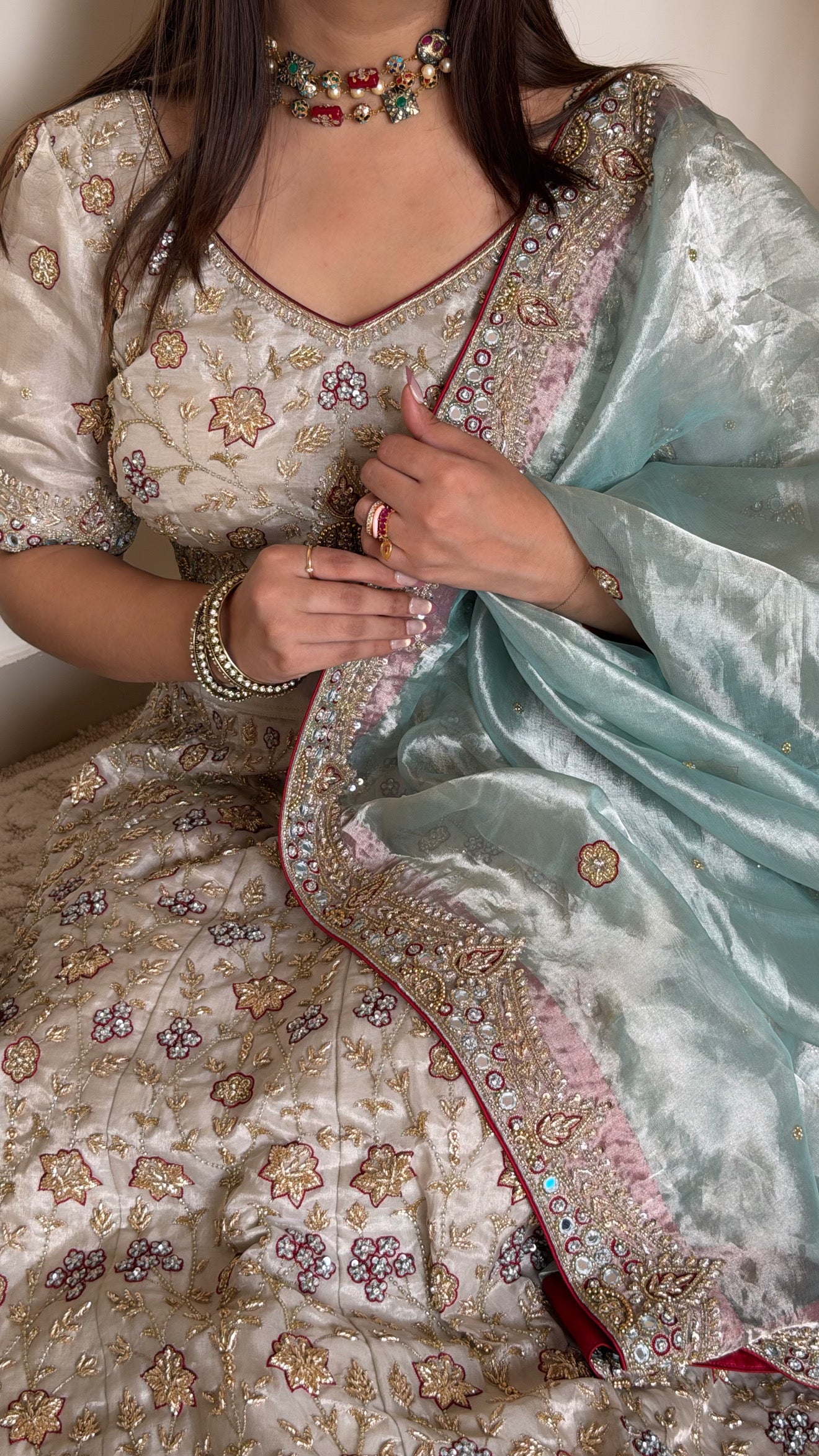 Rajwadi tissue silk mint-red lehenga set