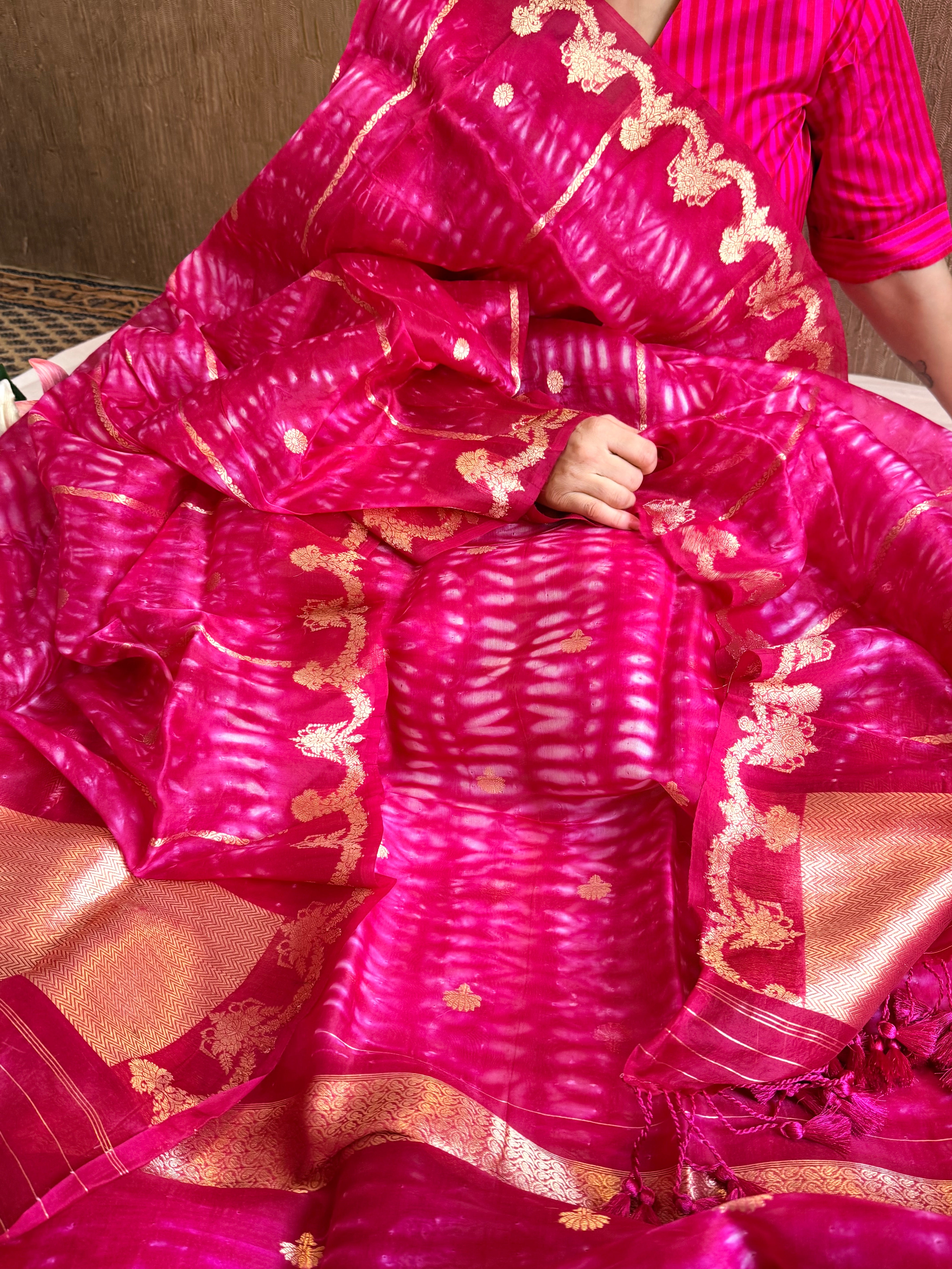 Hot pink banarasi blue kora silk shibori dye kadhwa suit set
