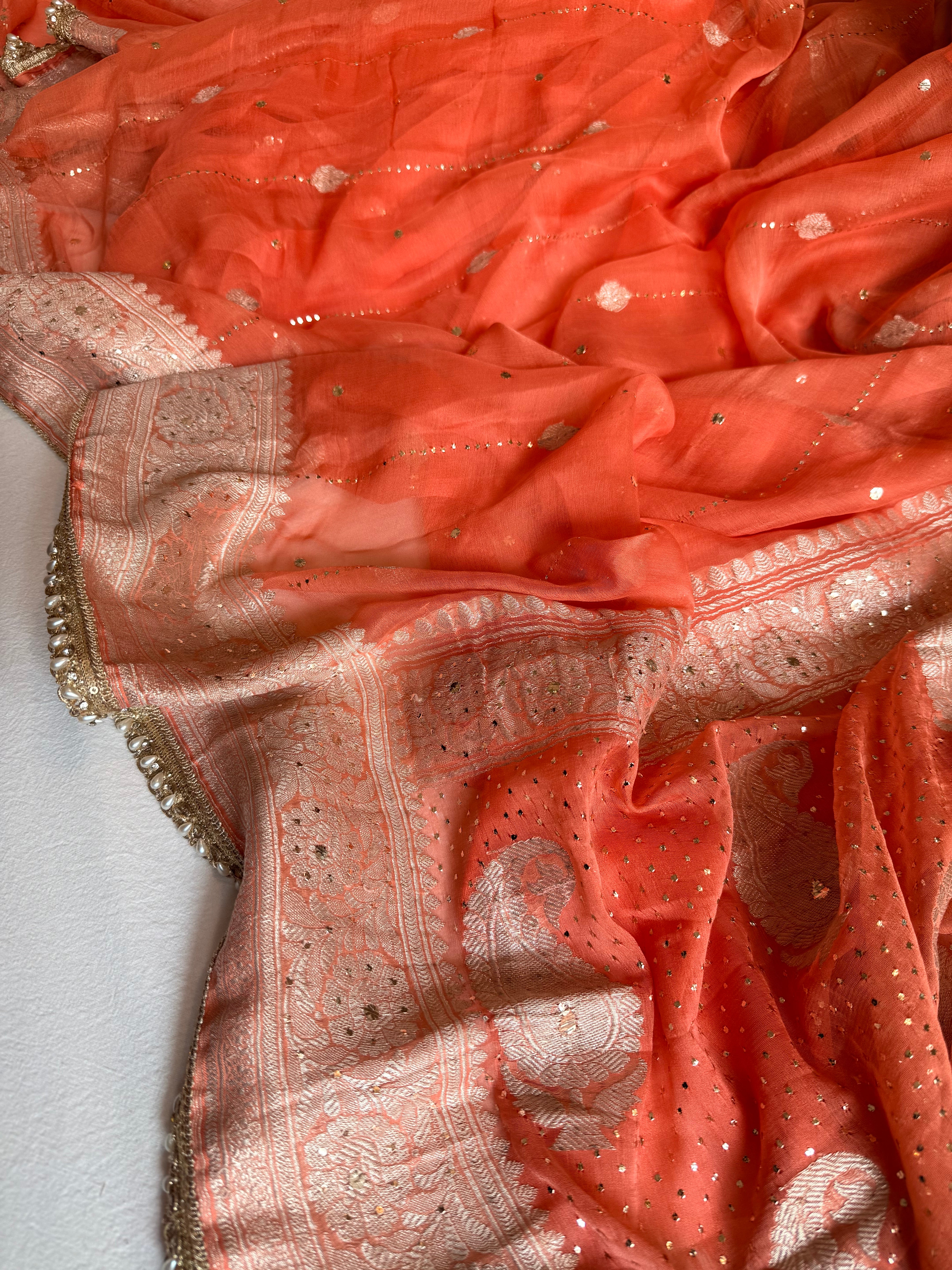 Chiffon gorgette banarasi fanta orange mukaish work hand embroidered saree