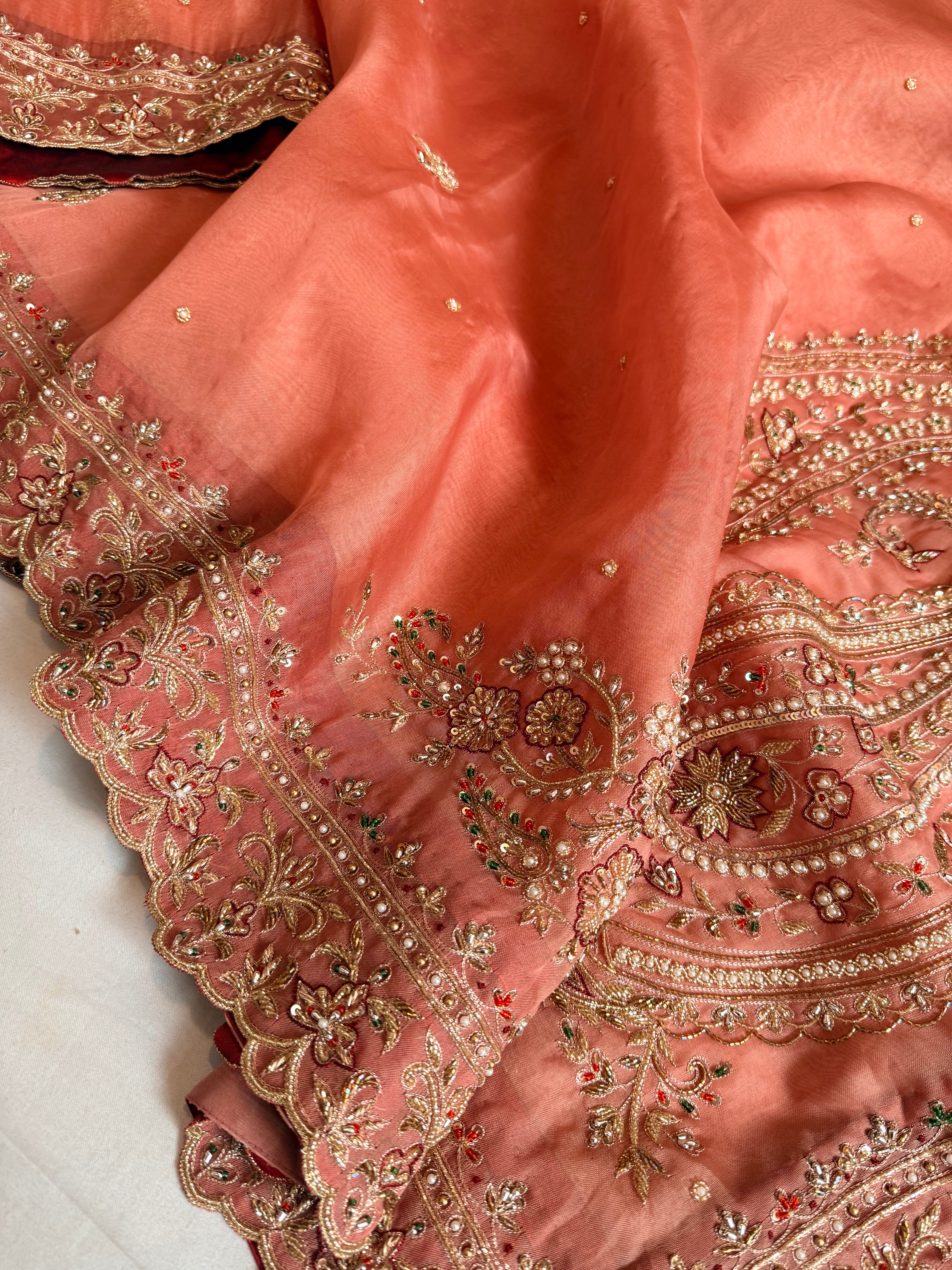 Dulhan wali saree edit gajri red kora silk hand embroidered saree