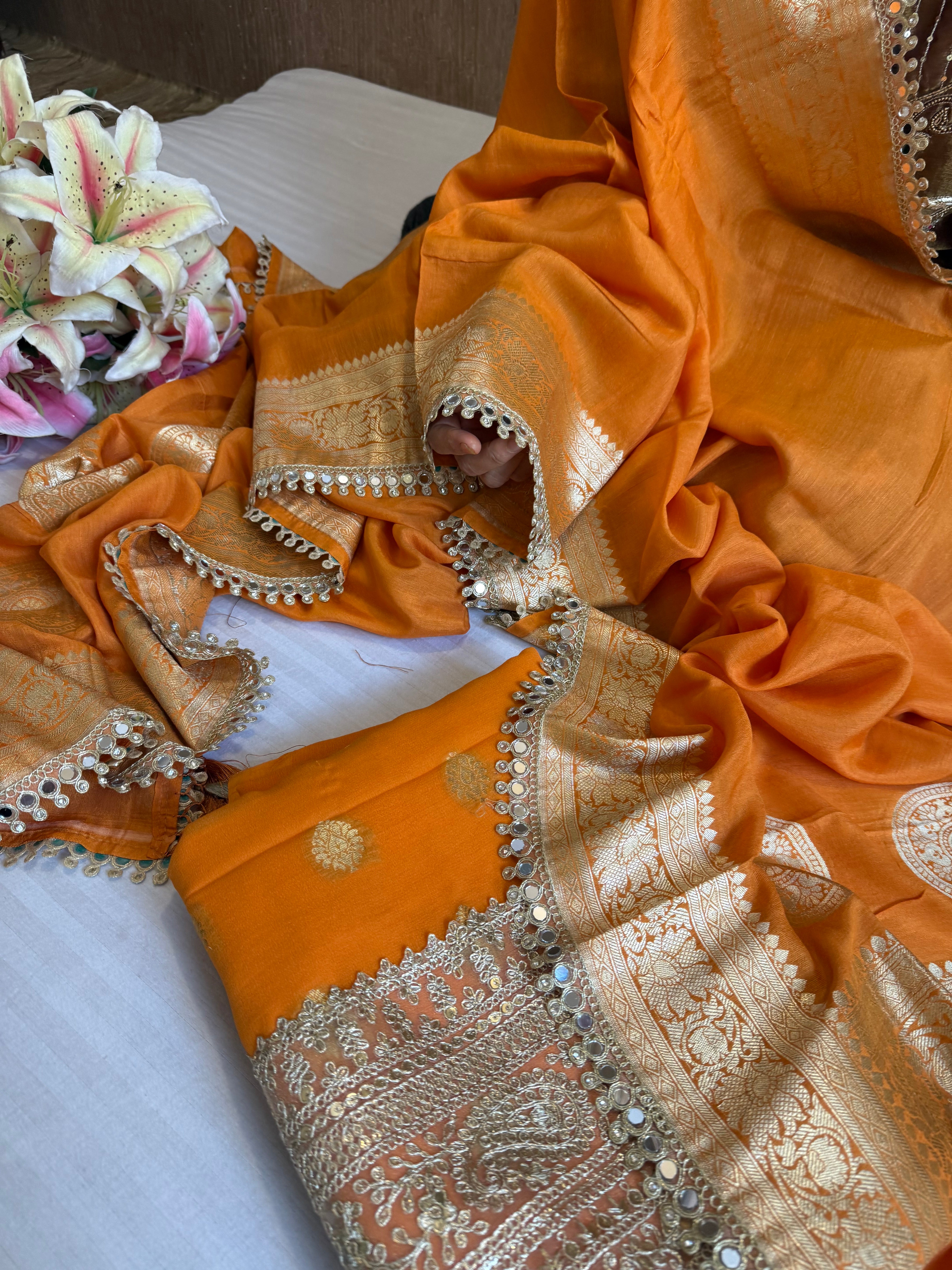 Banarasi mango shade gorgette kadhwa mirror work gotapatti suit set