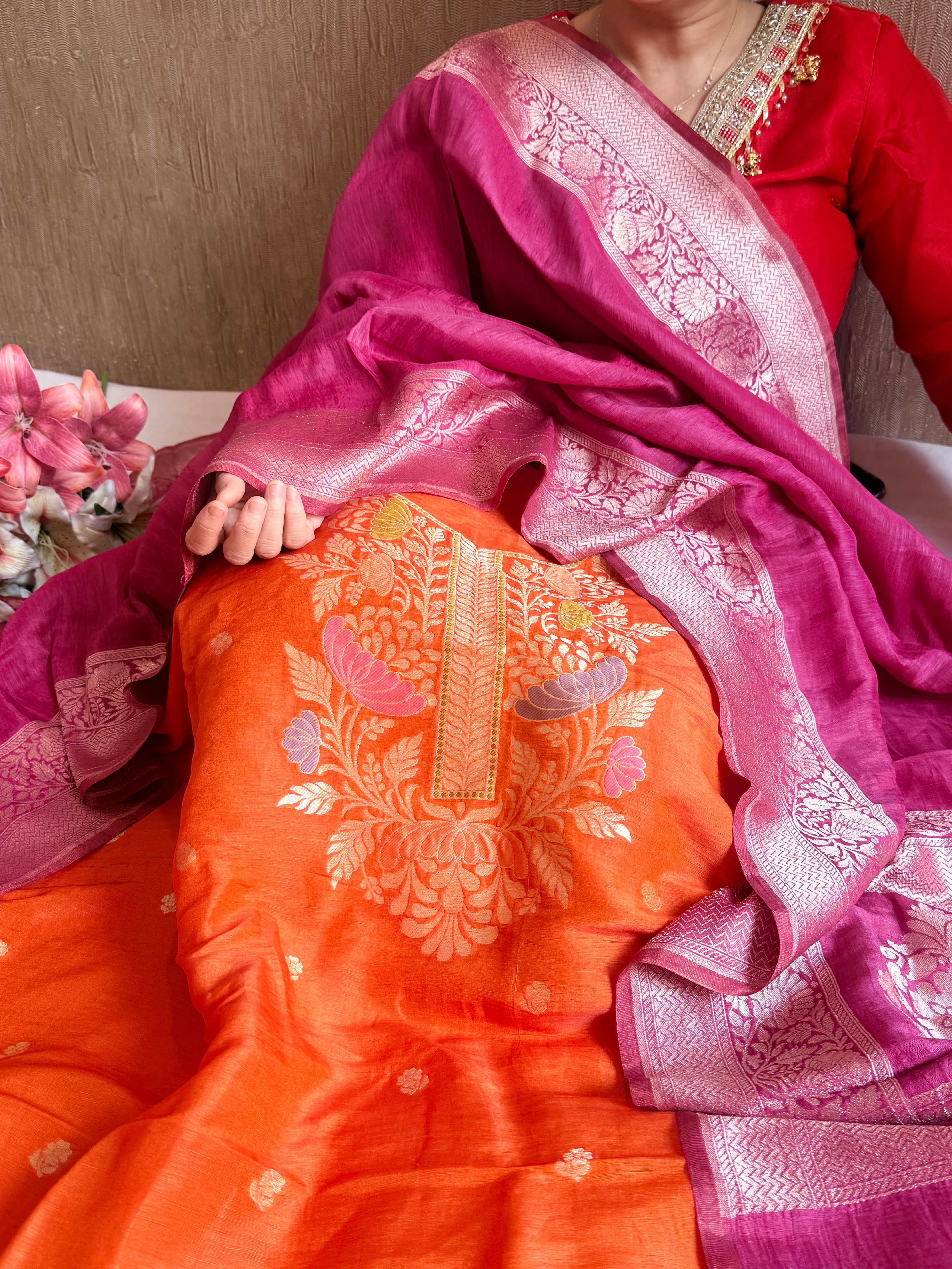 Banarasi linen gorgette neckwork weaving meenakari suit set