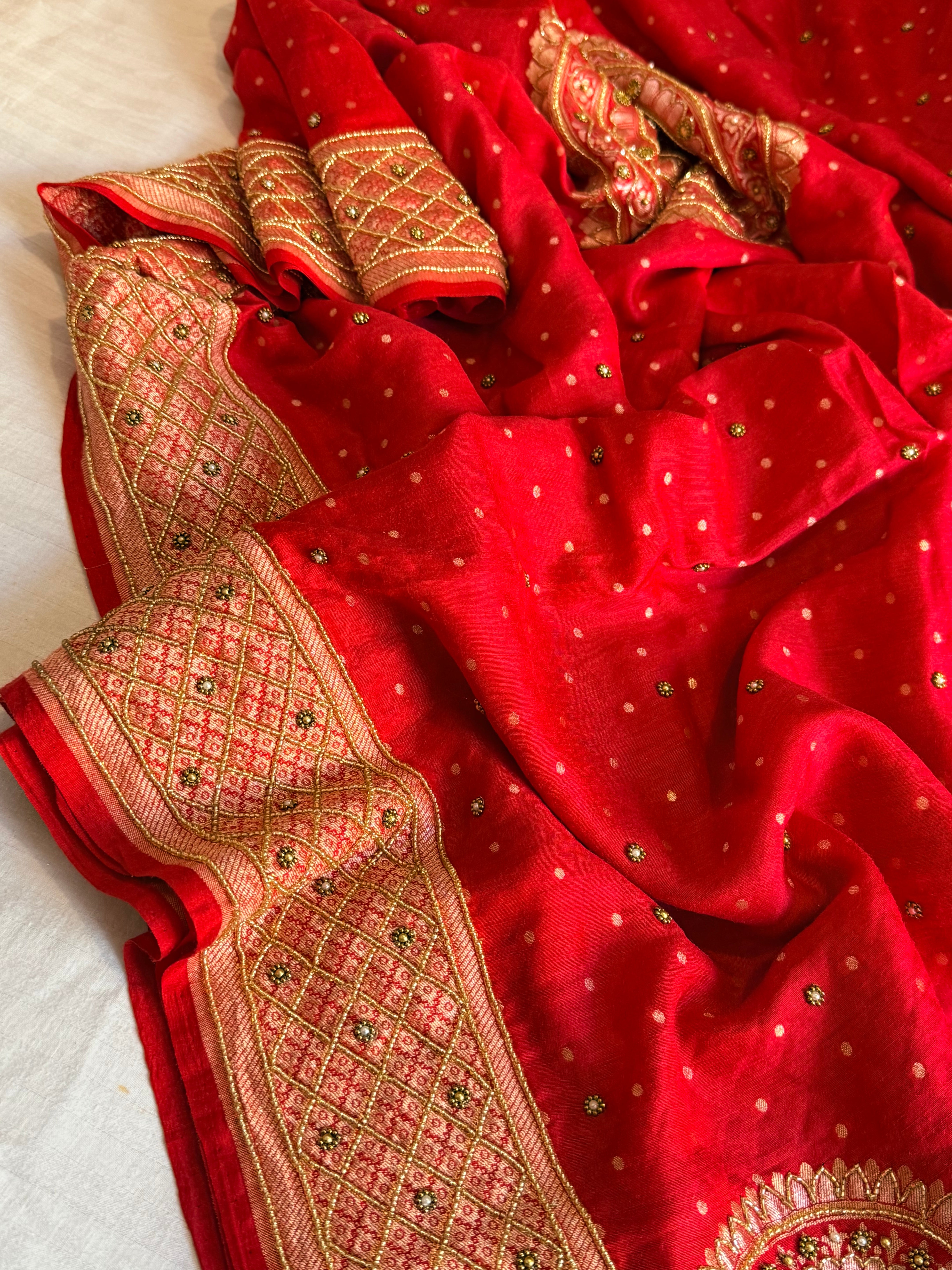 Banarasi sindoor red moonga silk hand embroidered kadhwa saree