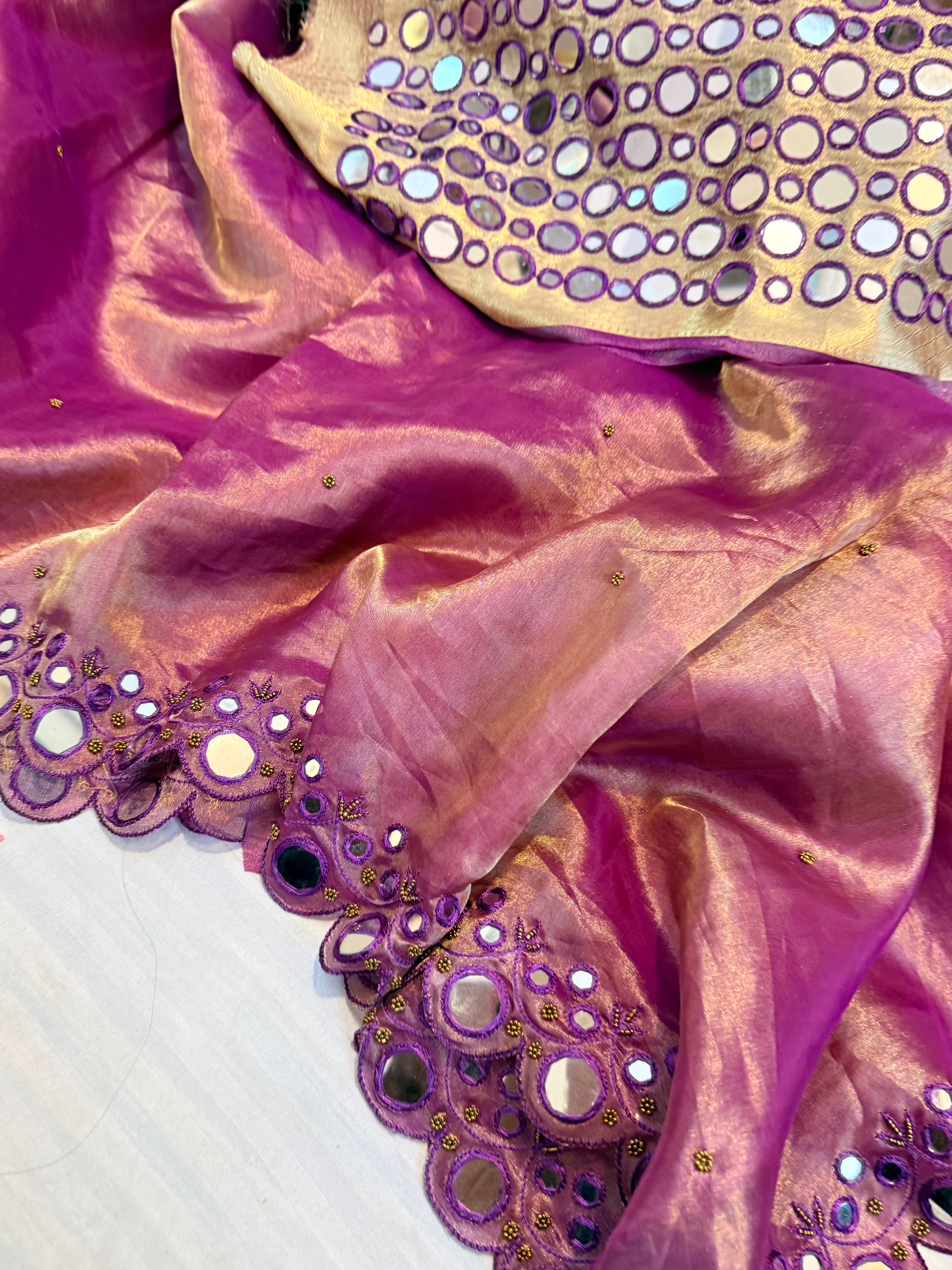 Sheeshe wali magenta tissue silk mirrorwork hand embroidered banarasi saree