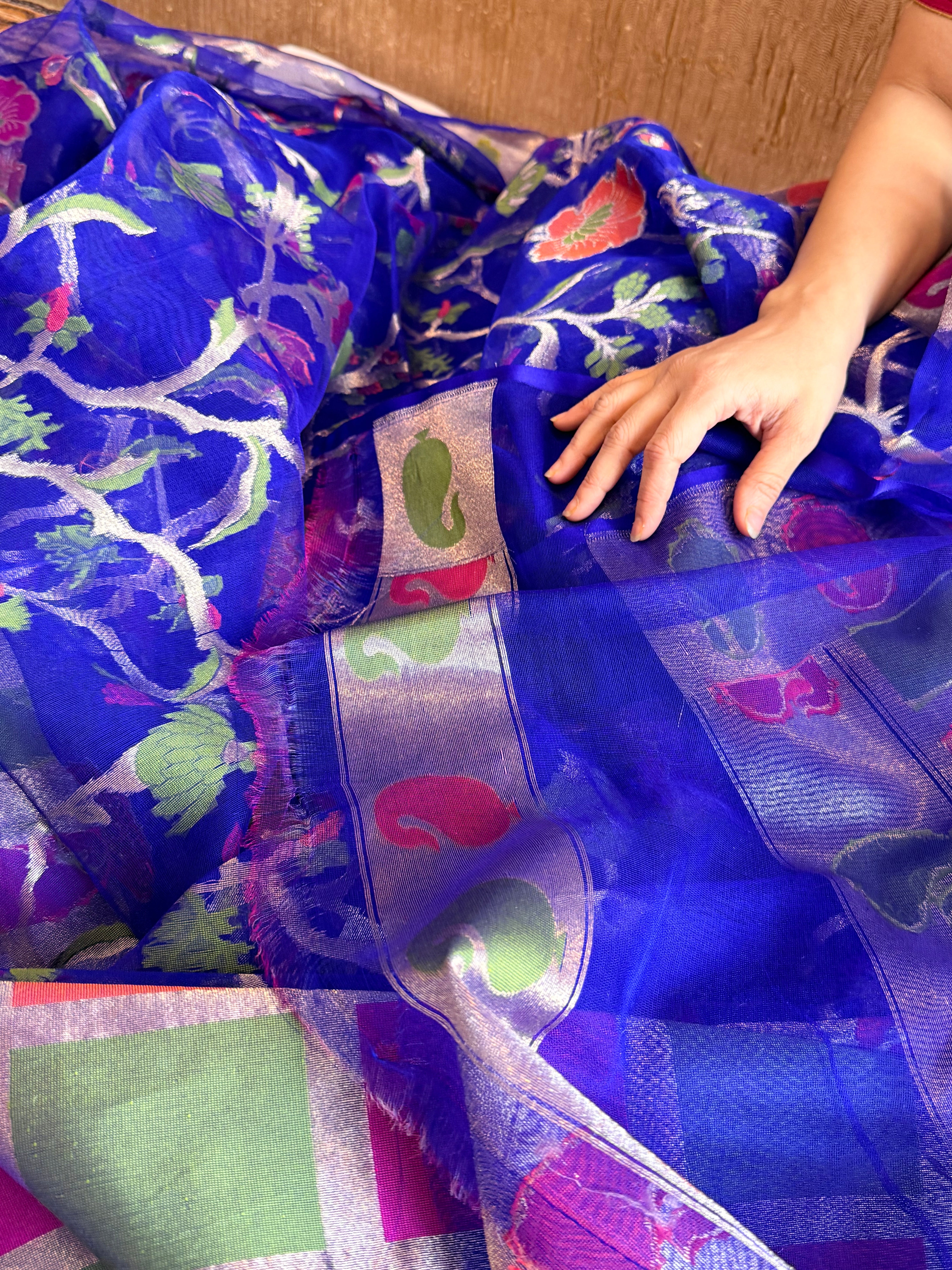 Electric blue silk net jamdani weaving meenakari kadhwa saree