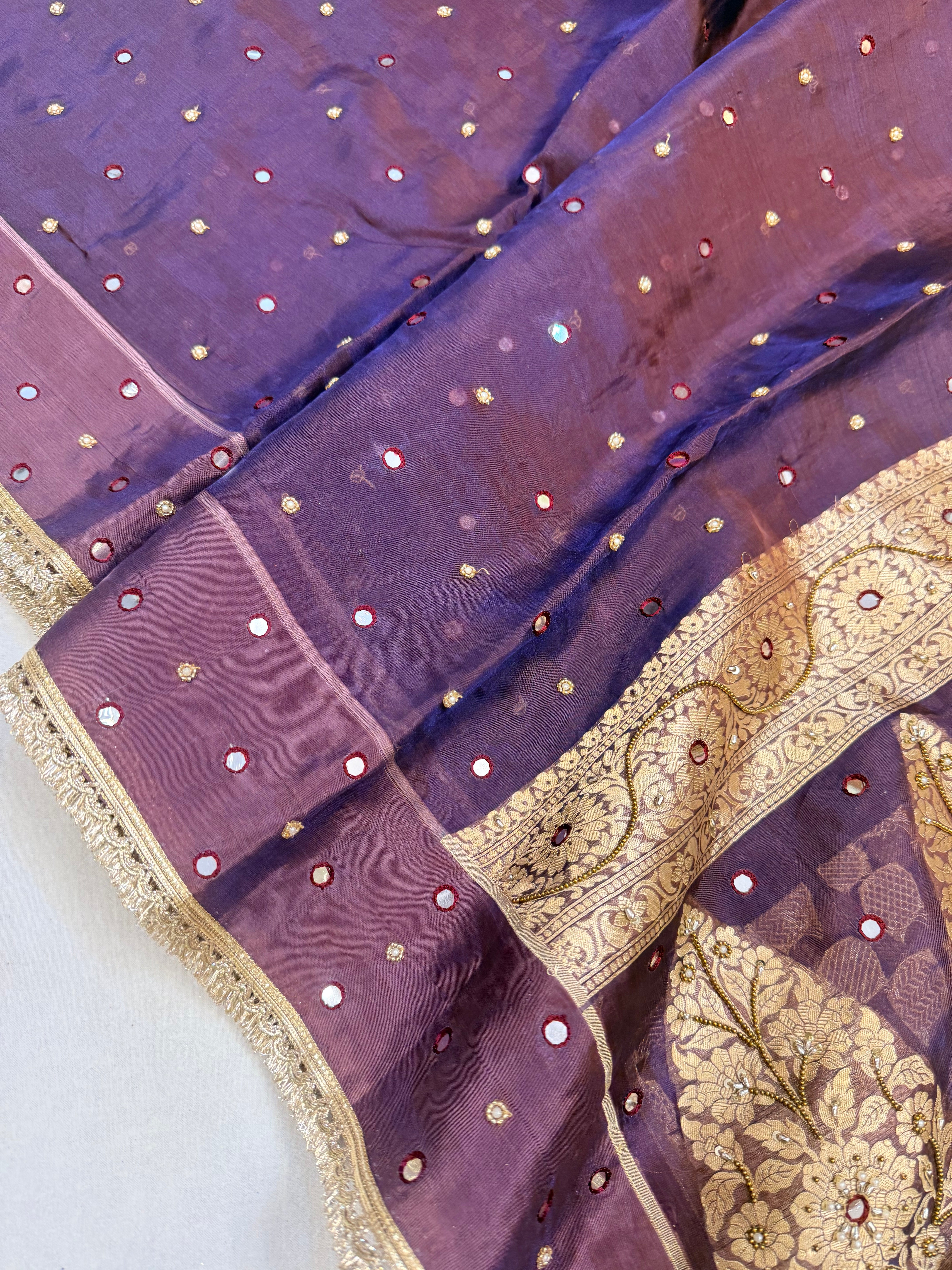 Midnight purple tissue silk hand embroidered kadhwa saree
