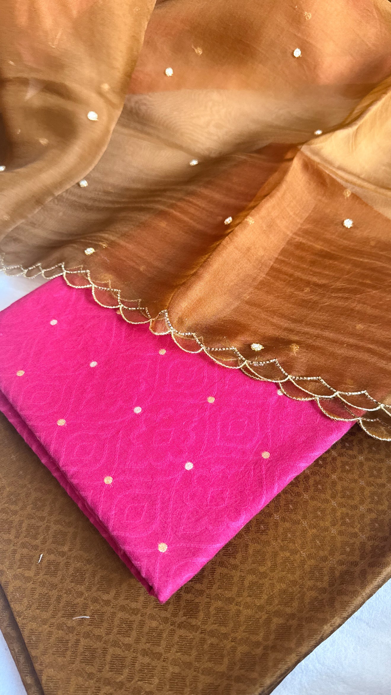 Summer suits under 8k - Mul cotton hot pink pink kurta paired with chocolate scalloped kora silk duppata