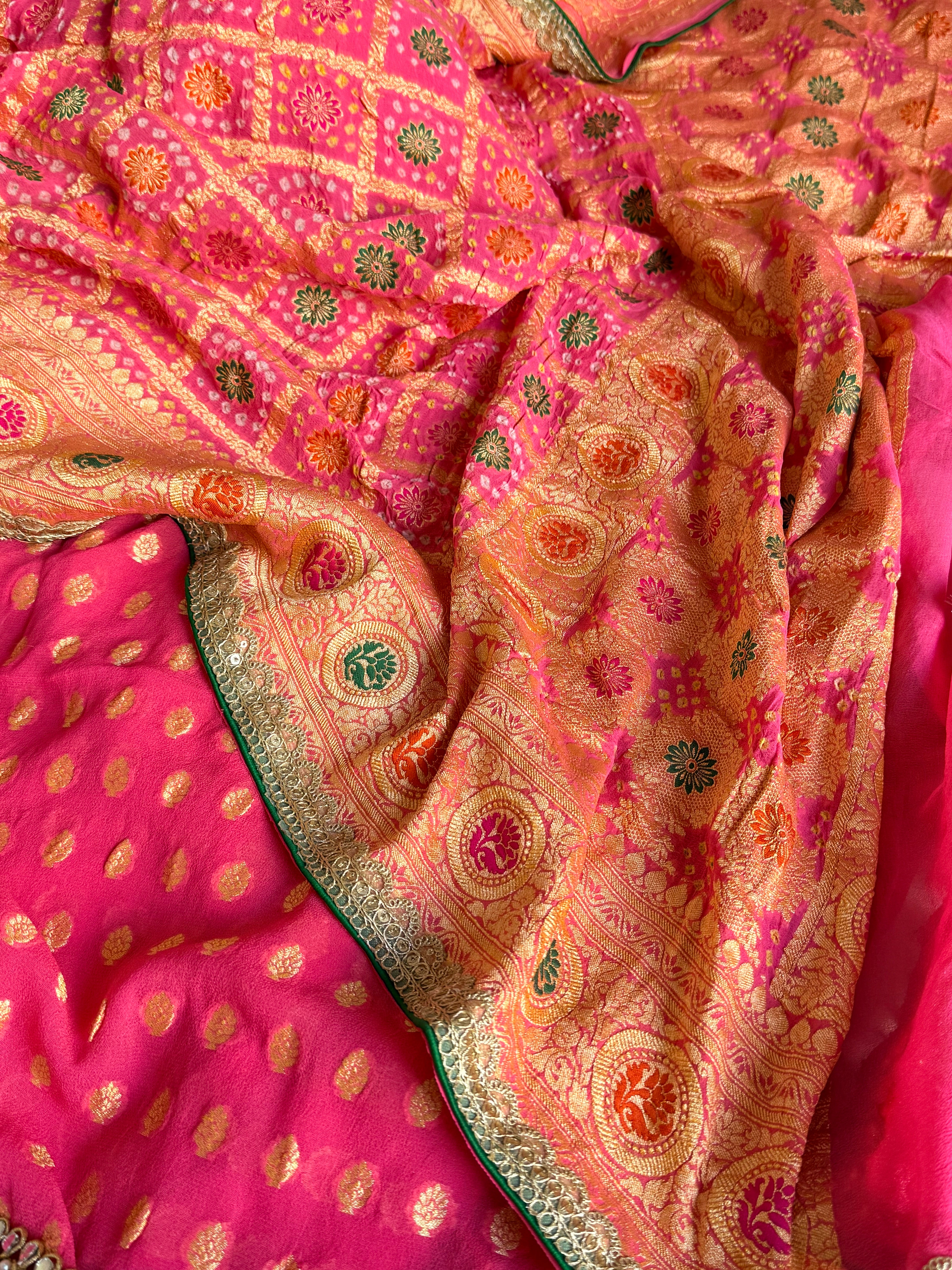 Rai bandhej strawberry pink banarasi chiffon gorgette gotapatti suits