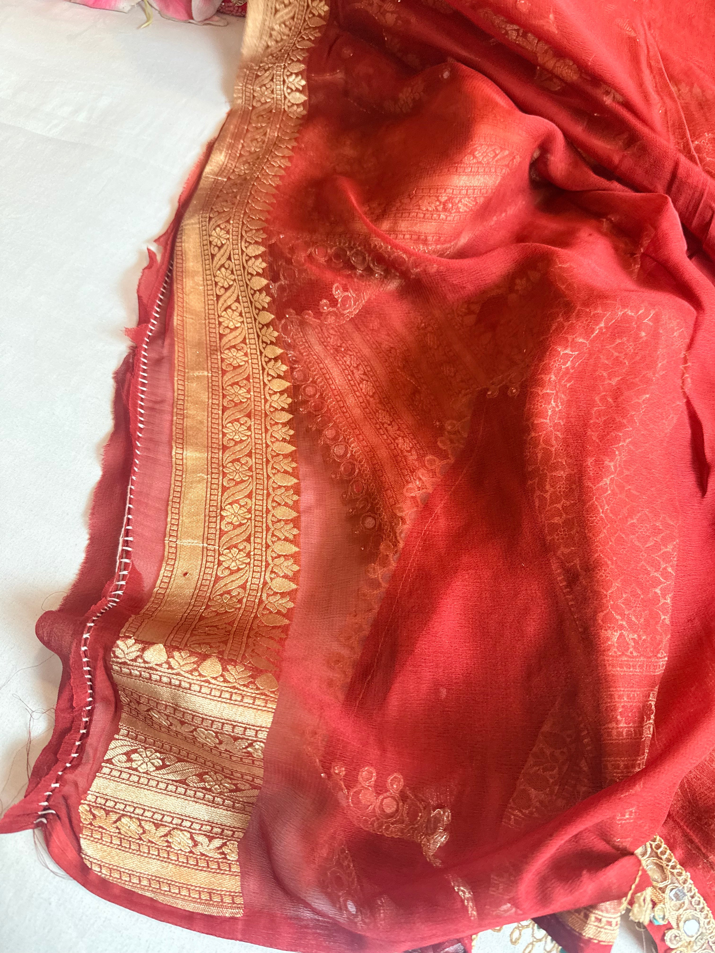 Chiffon gorgette rust red ombre shaded hand embroidered kadhwa saree