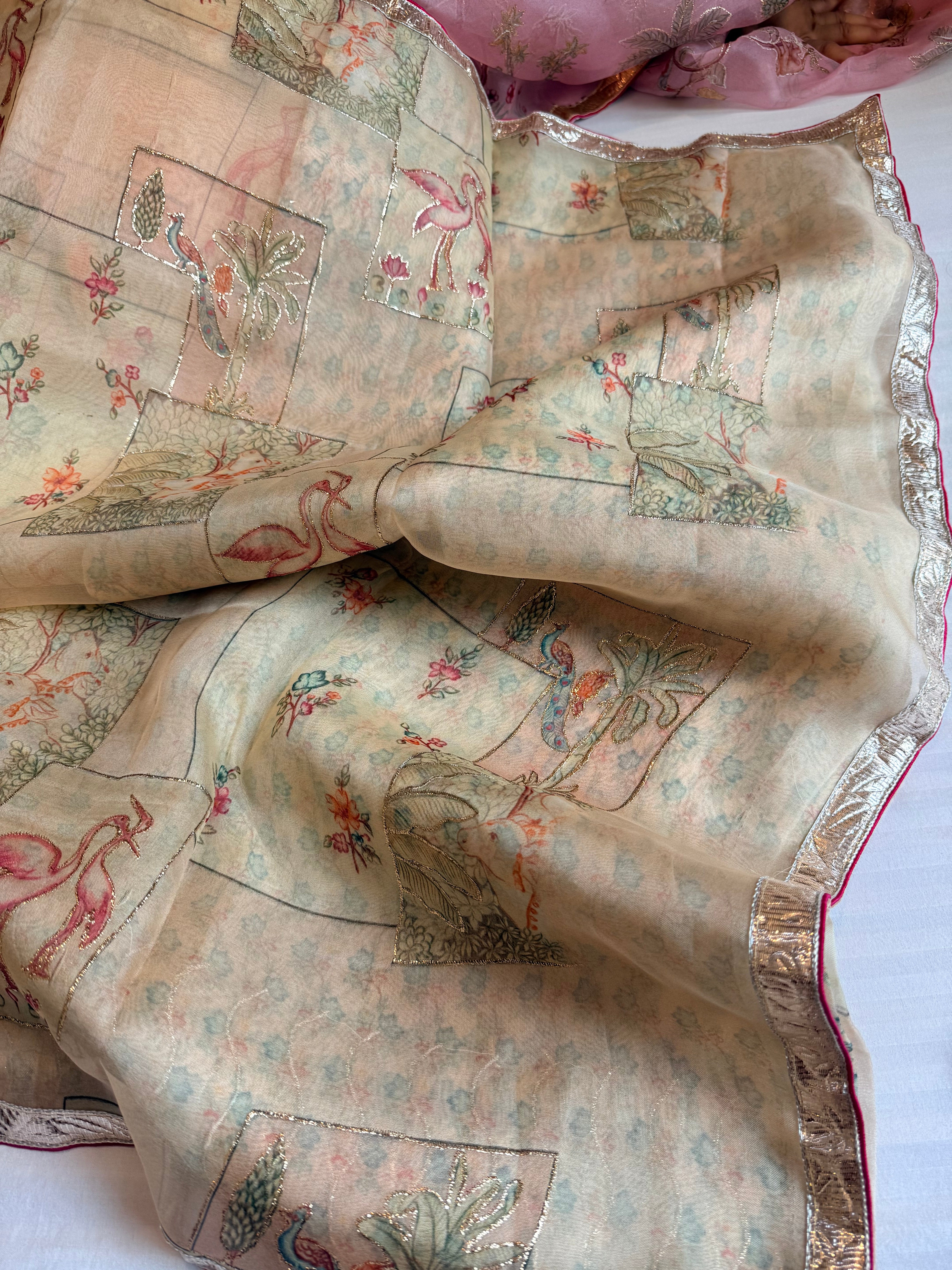 Kora silk printed lampi gotapatti hand embroidered saree