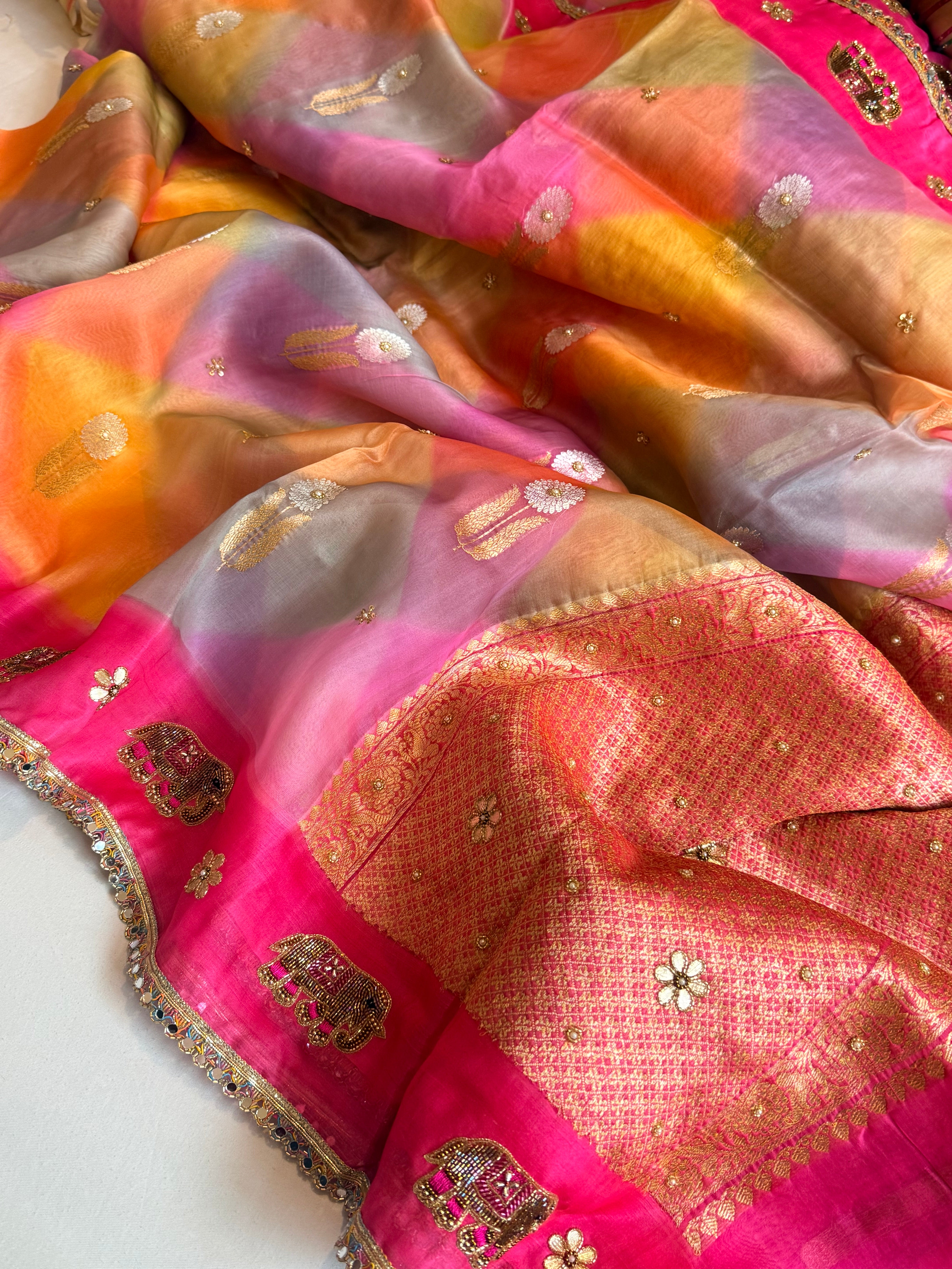 Gulab ka ras - Kora silk rangkaat weaving hand embroidered zubieda inspired saree