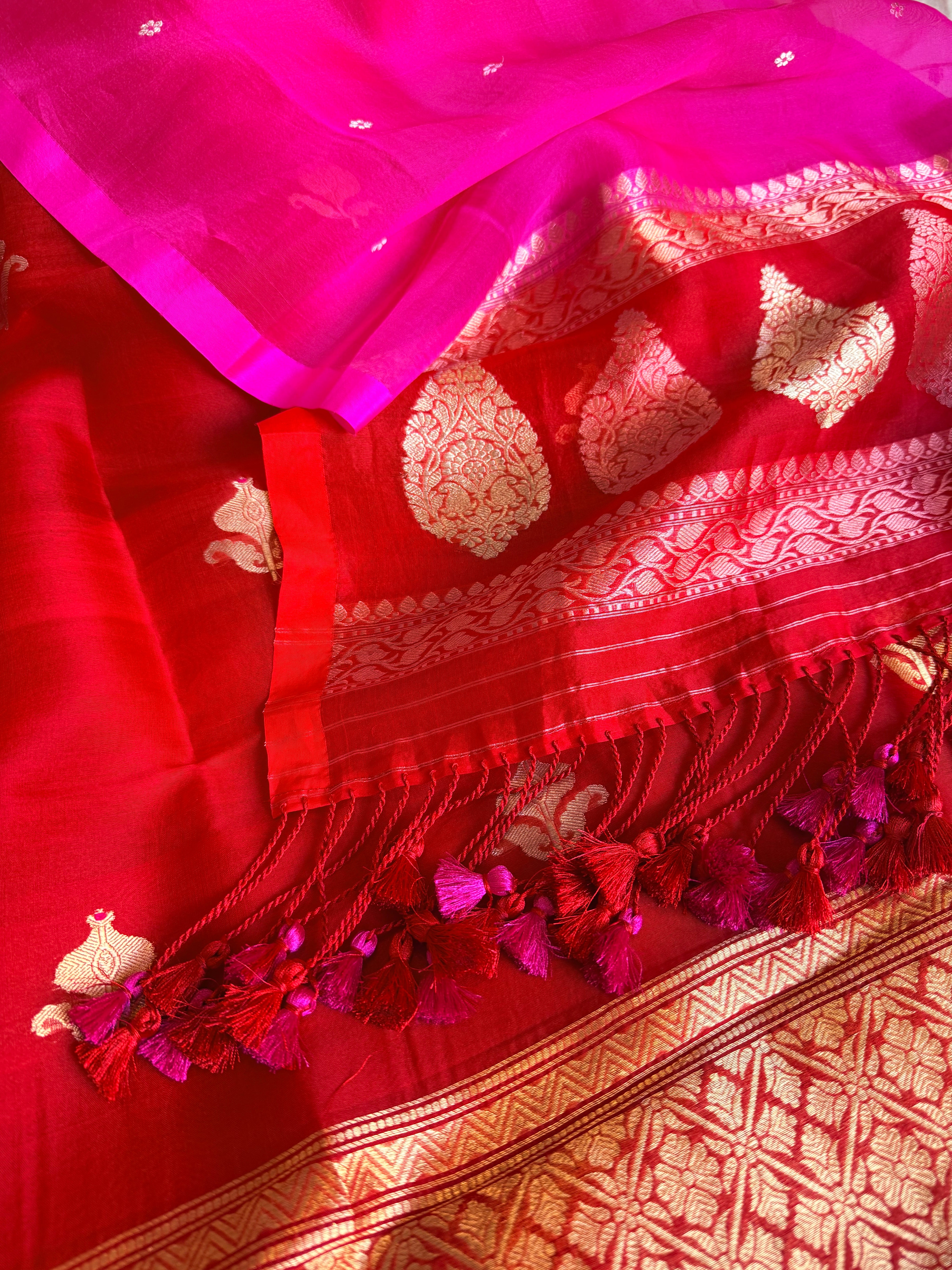 Red rani & orange shaded kora silk chal dye kadhwa banarasi suit set