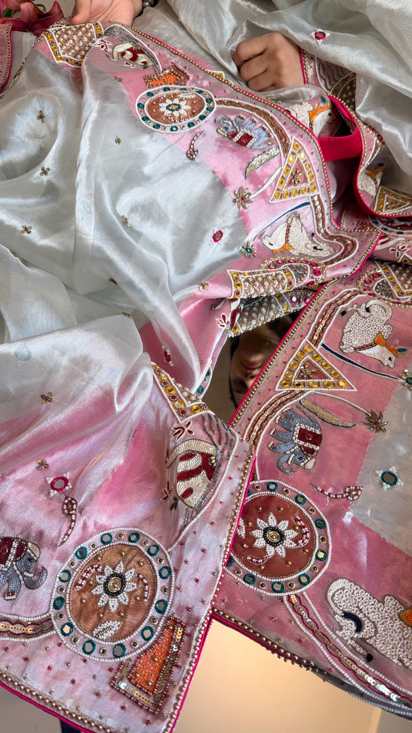 Sufi night saree - Diamond tissue silk kutchi meenakari work hand embroidered saree