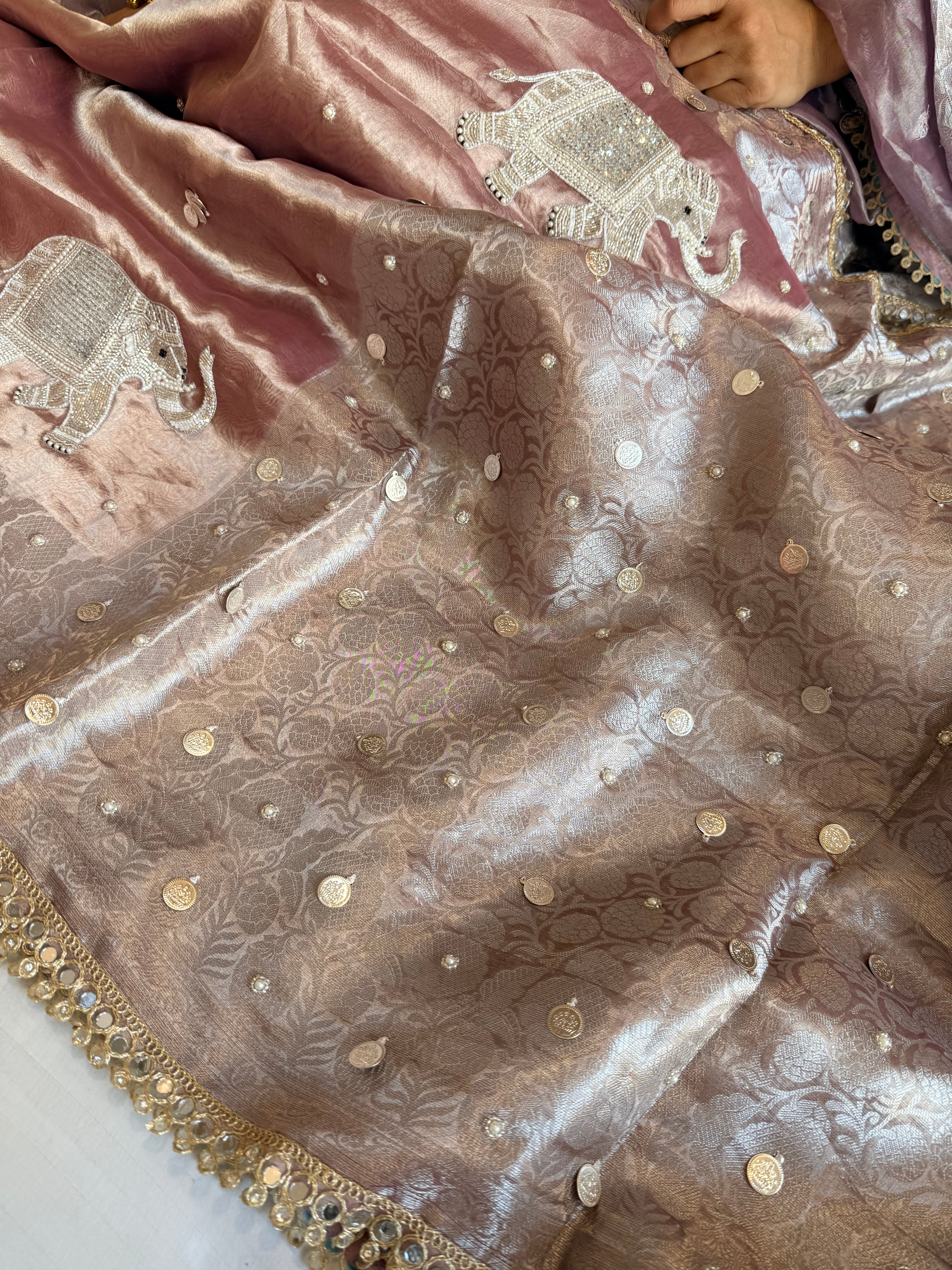 Gulabi jadau edit - Rose peach tissue silk jadau work hand embroidered saree