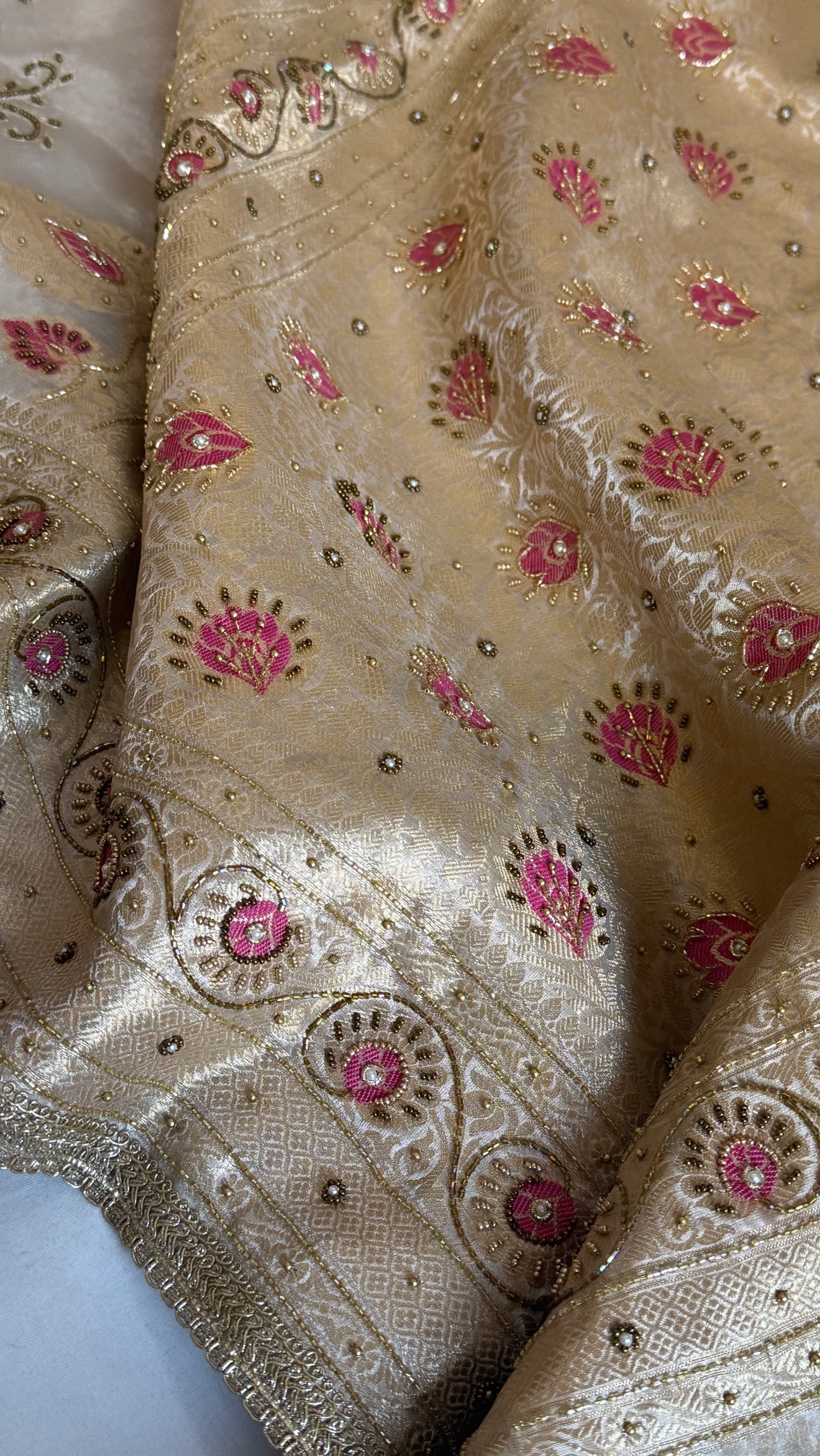 Moonlight silver diamond tissue pink meenakari kadhwa hand embroidered saree