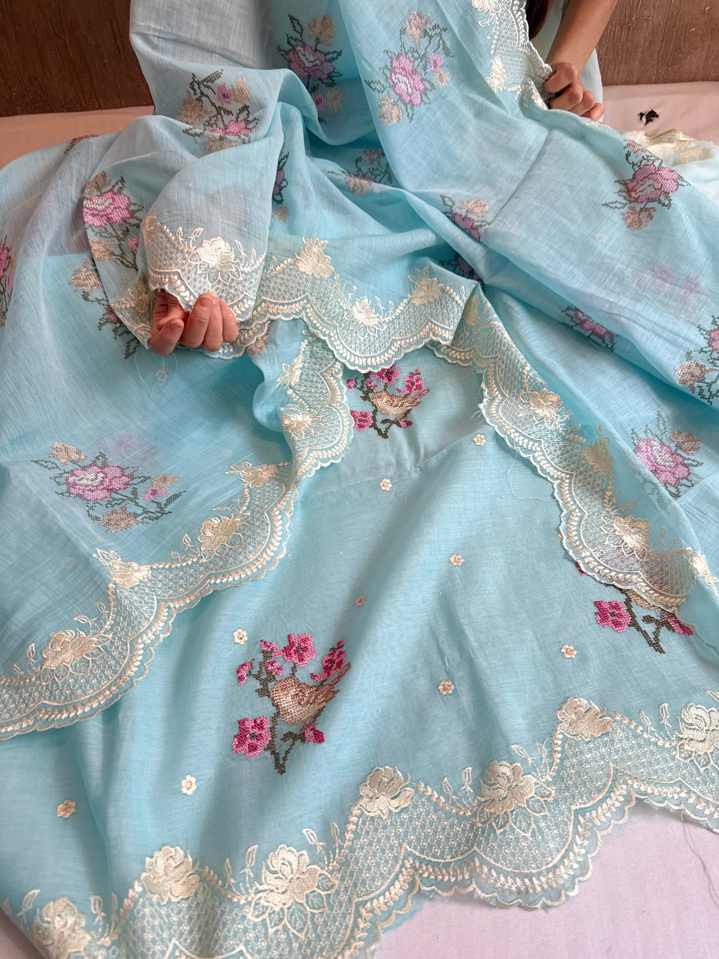 Blush blue cross-stitch hand embroidered resham work suit set