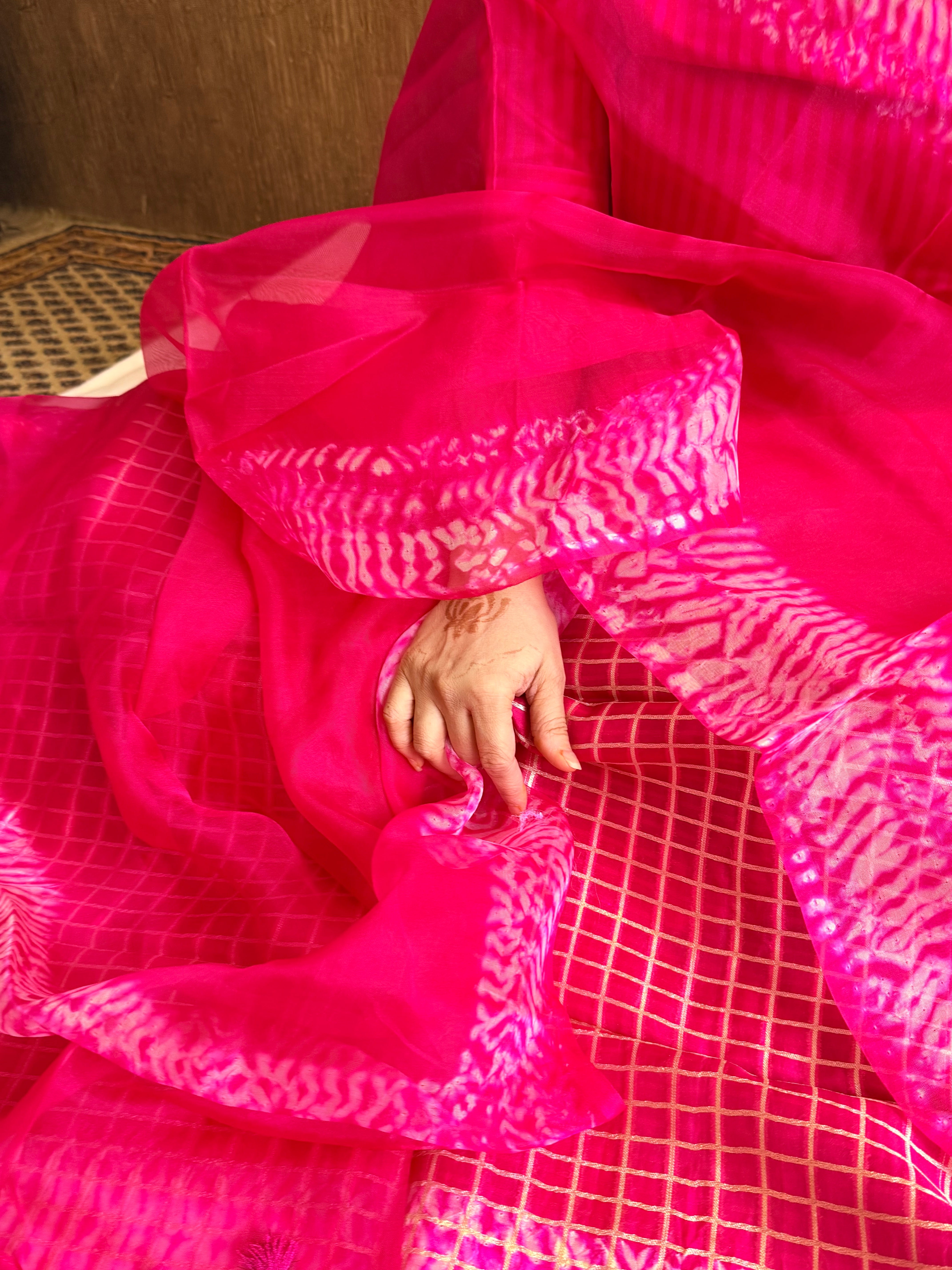 Hot pink banarasi blue kora silk shibori dye kadhwa suit set