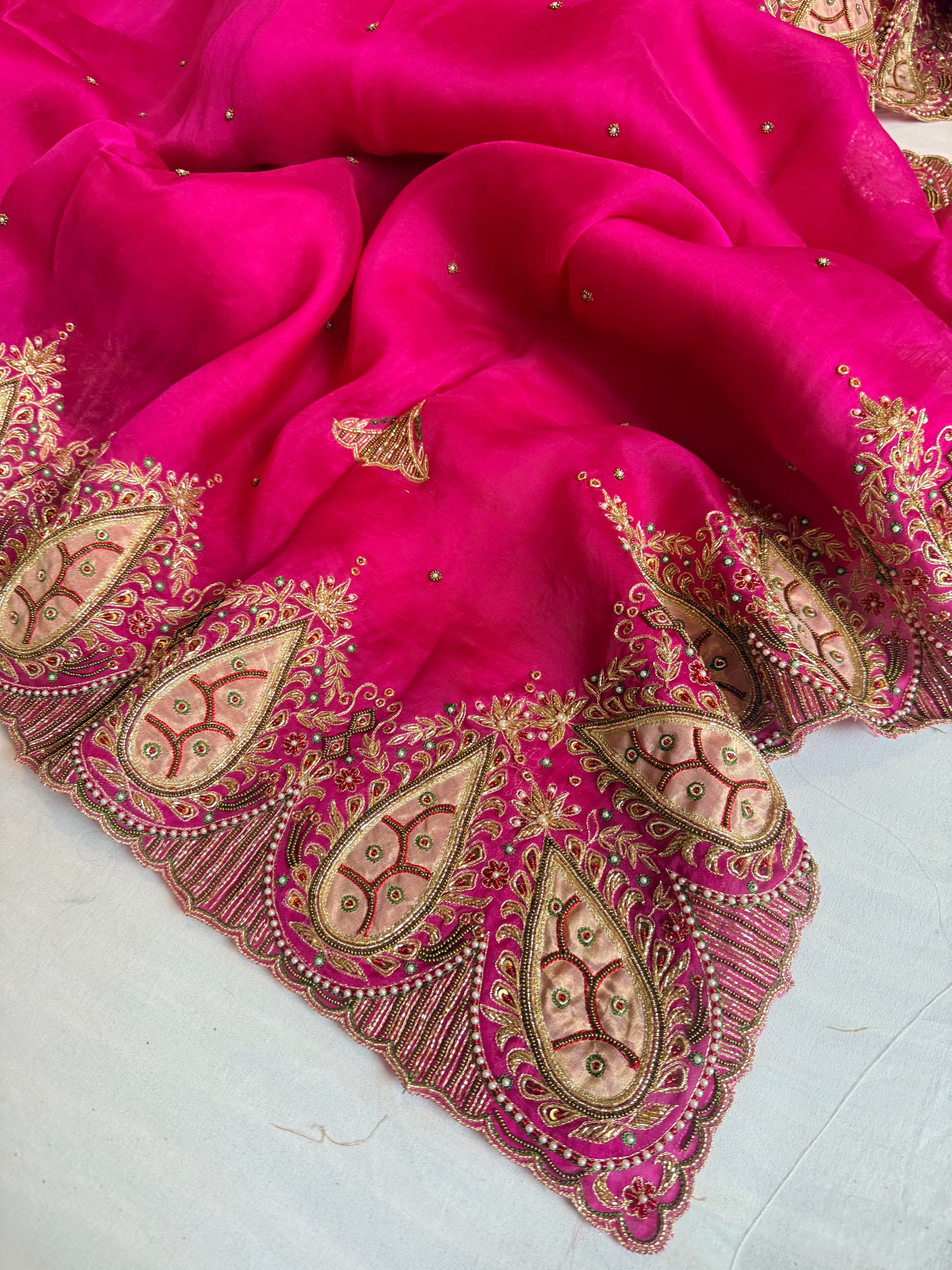 Gulab genda edit - Banarasi Kora silk hot pink hand embroidered saree