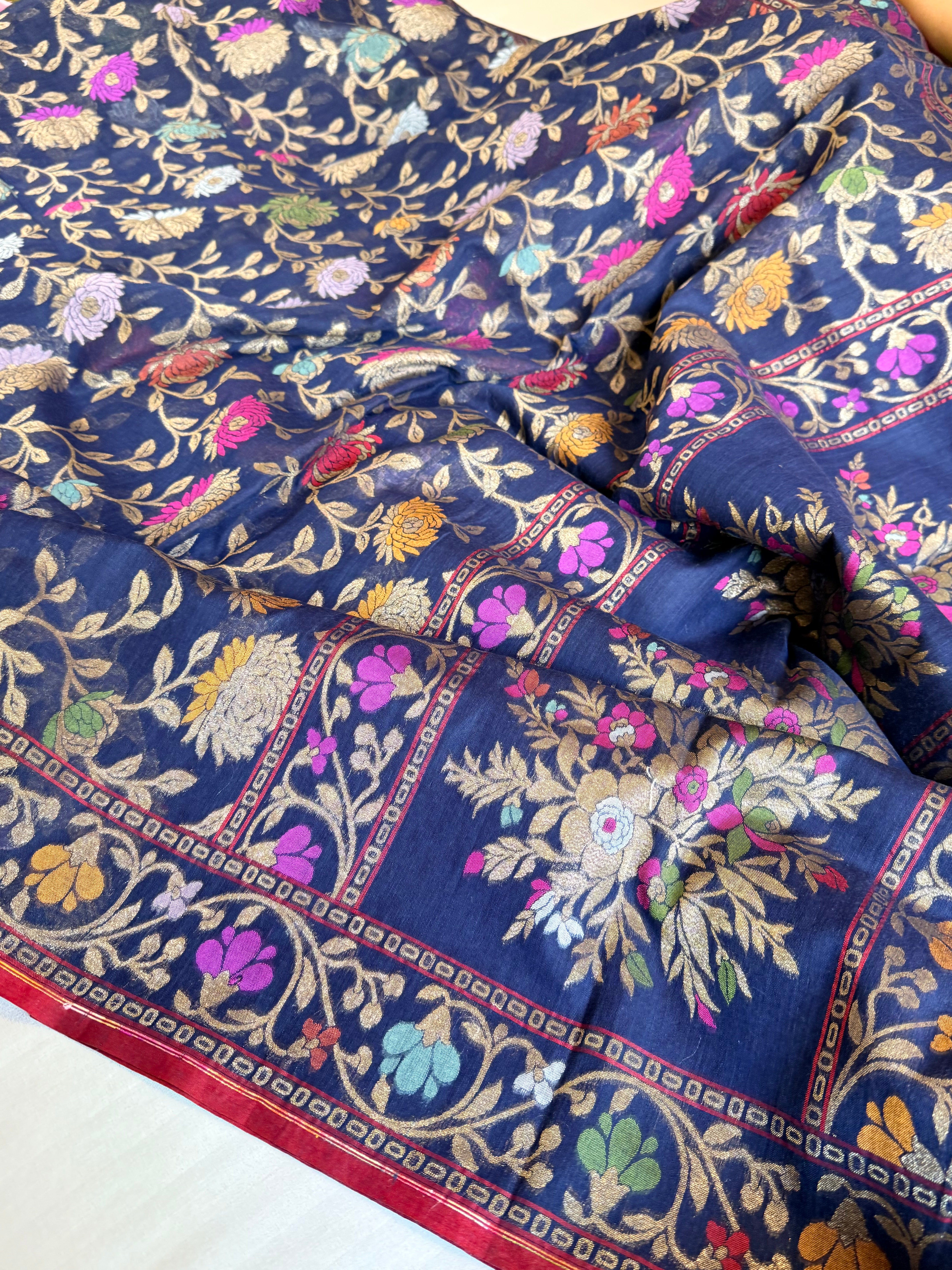 Iktara banarasi cotton jamdani navy blue meenakari saree