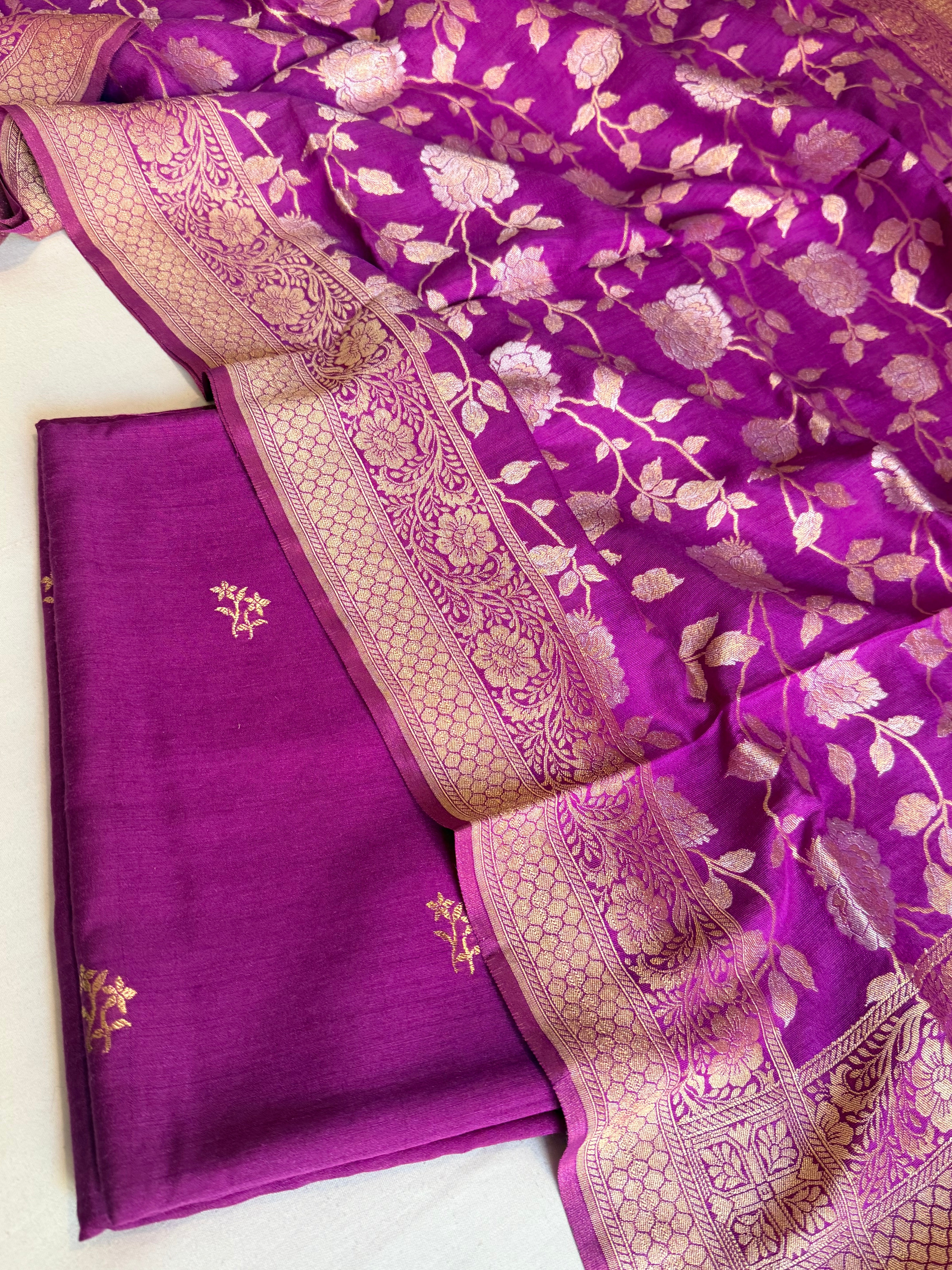 Moonga silk bright purple kadhwa buti jungla duppata suit set