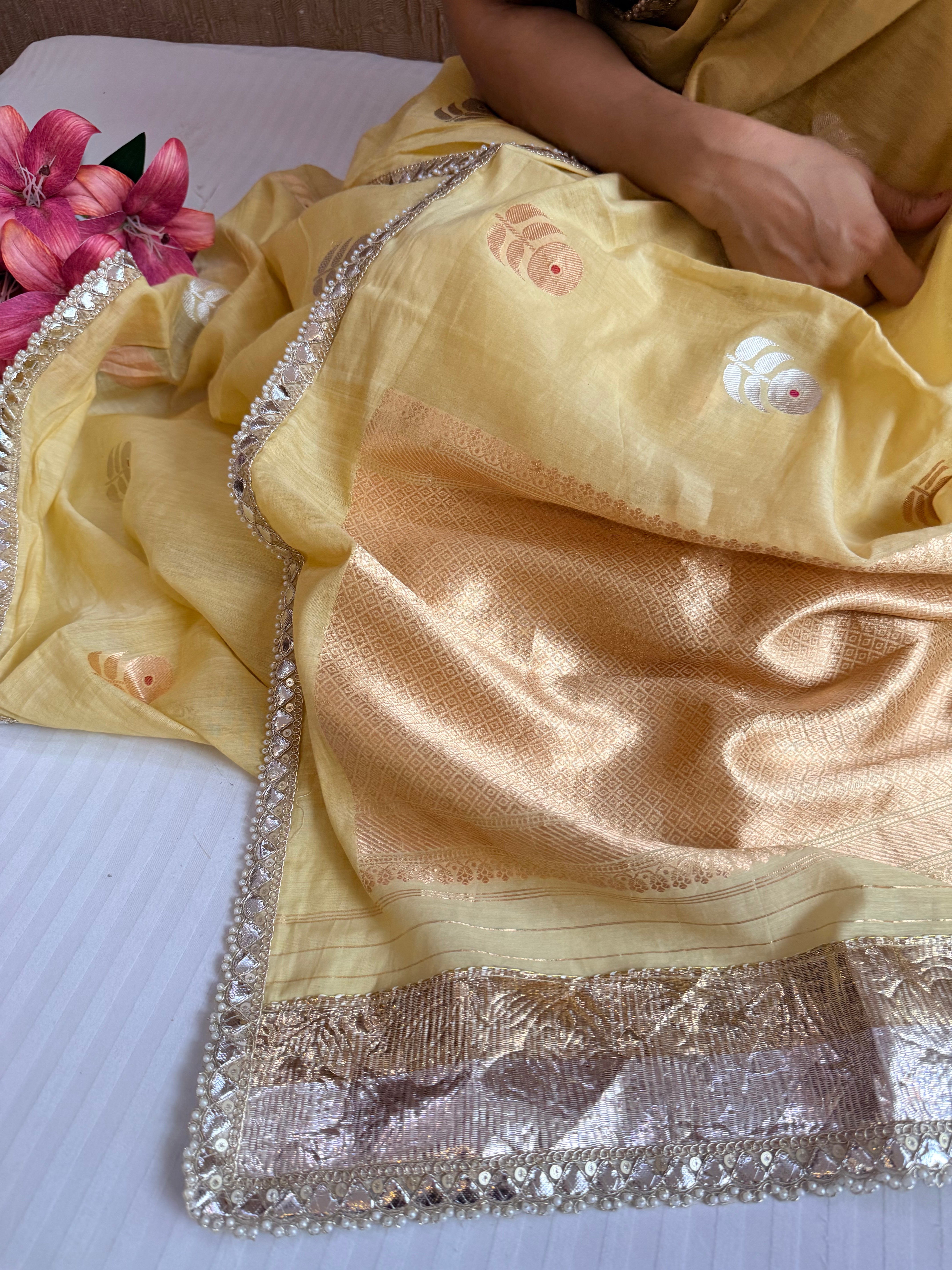 Banarasi mulmul cotton silk saree with lampi gota border