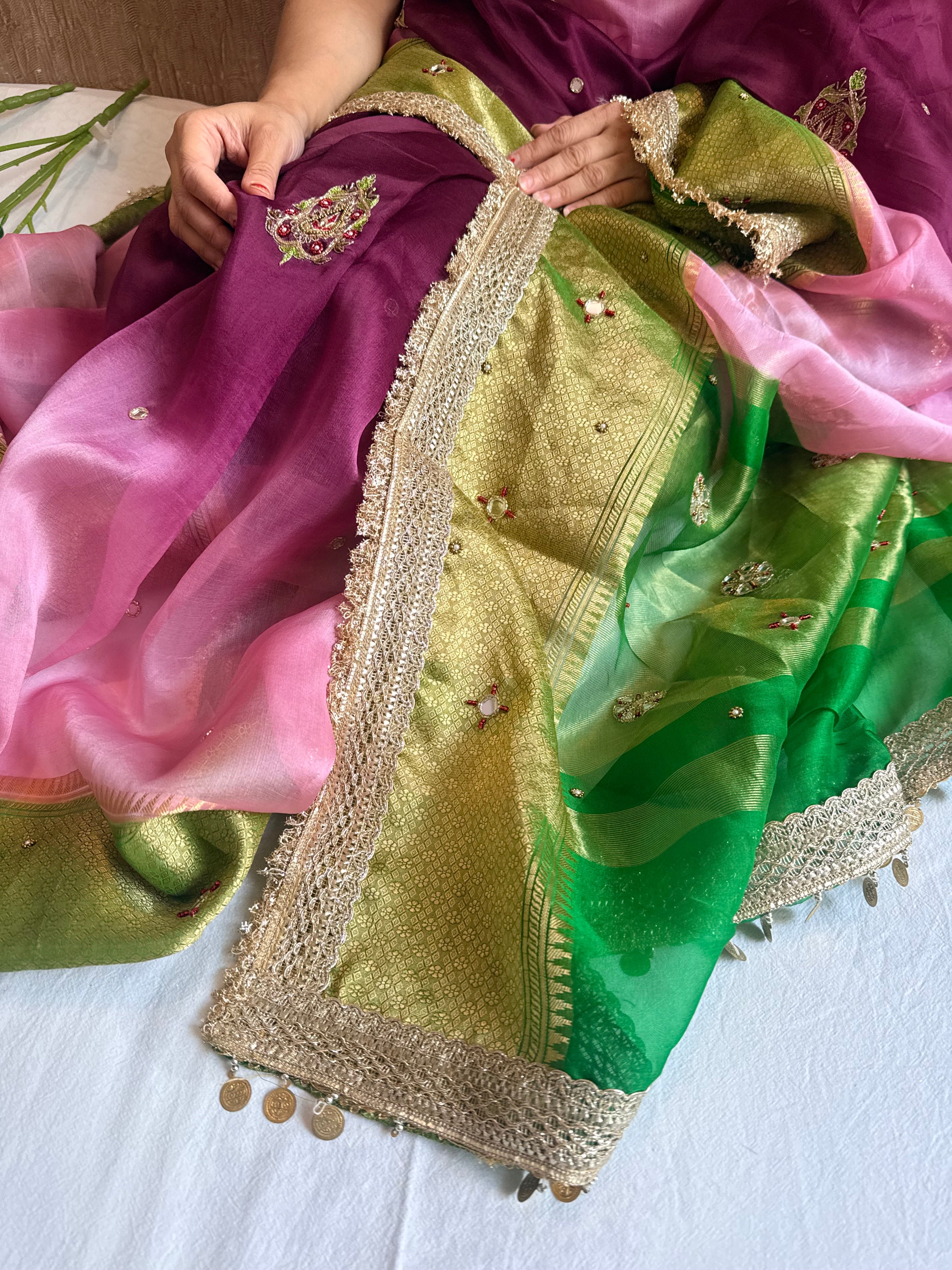 Husn ganga jamuna contrast border kora silk hand embroidered saree