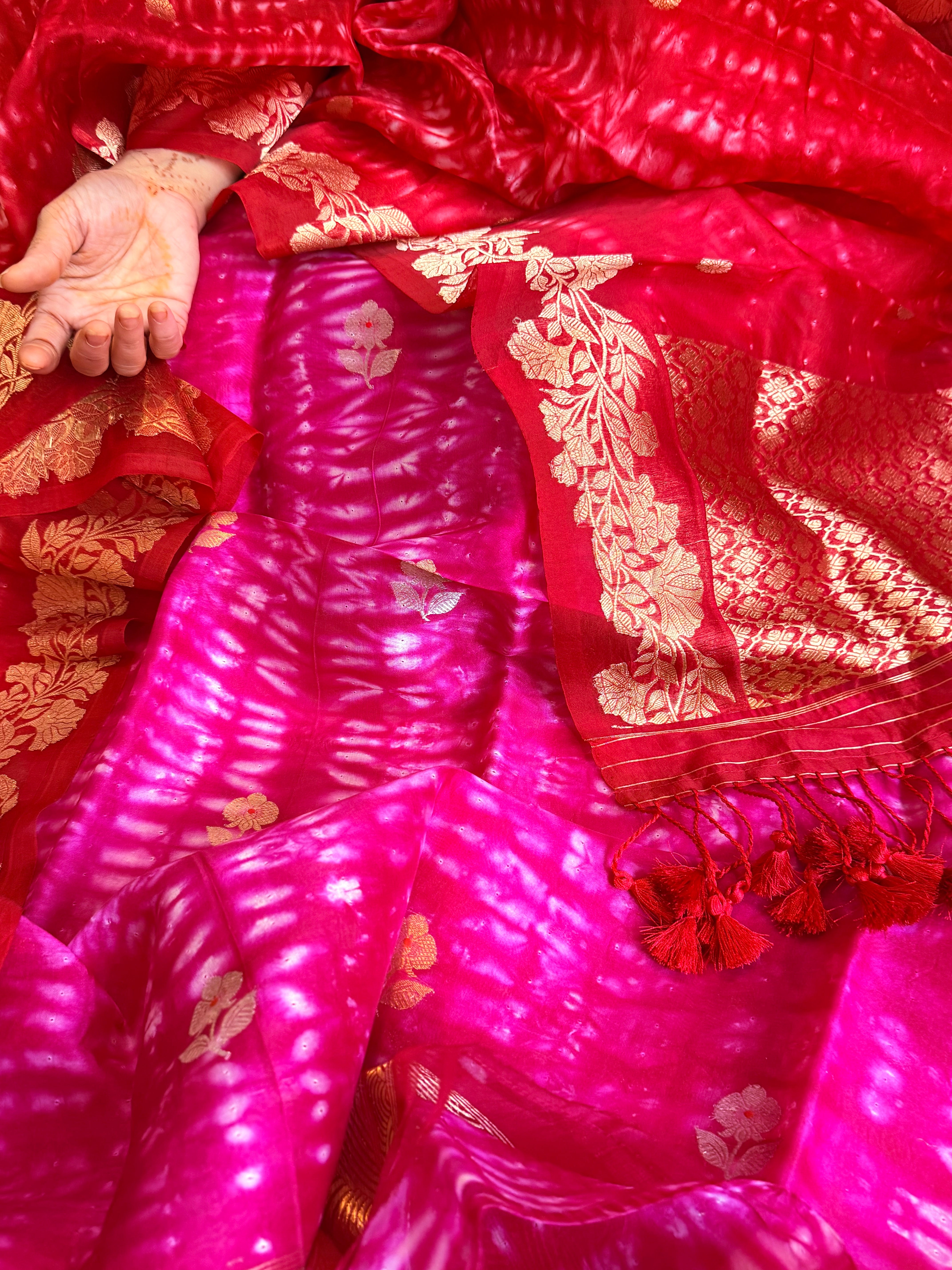 Hot pink - red  banarasi blue kora silk shibori dye kadhwa suit set