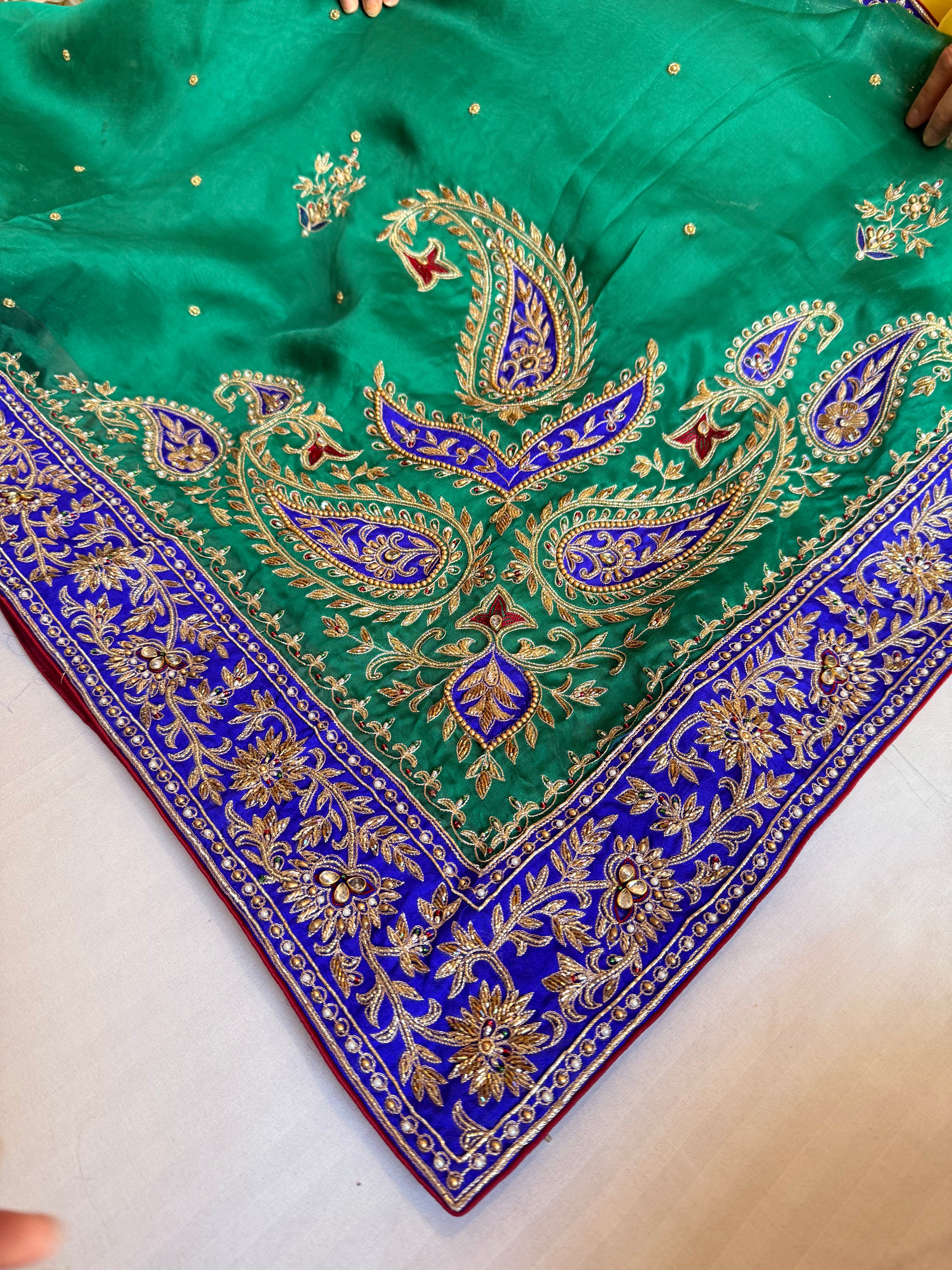 Mummy ki purani wali saree edit - Blue-green-purple kora silk kadhwa hand embroidered saree