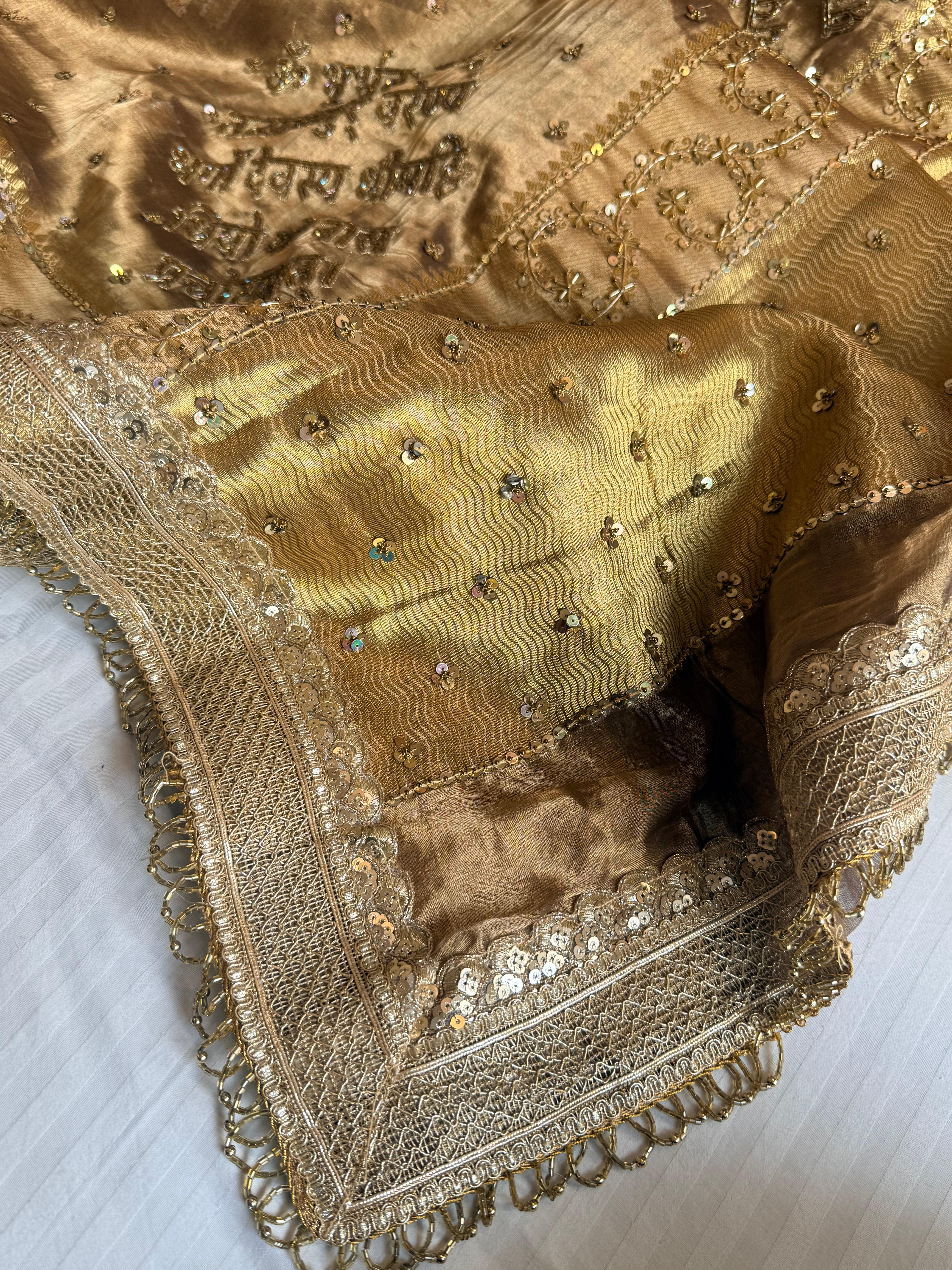 Salma-sitara molten antique gold tissue silk gayatri mantra hand embroidered saree