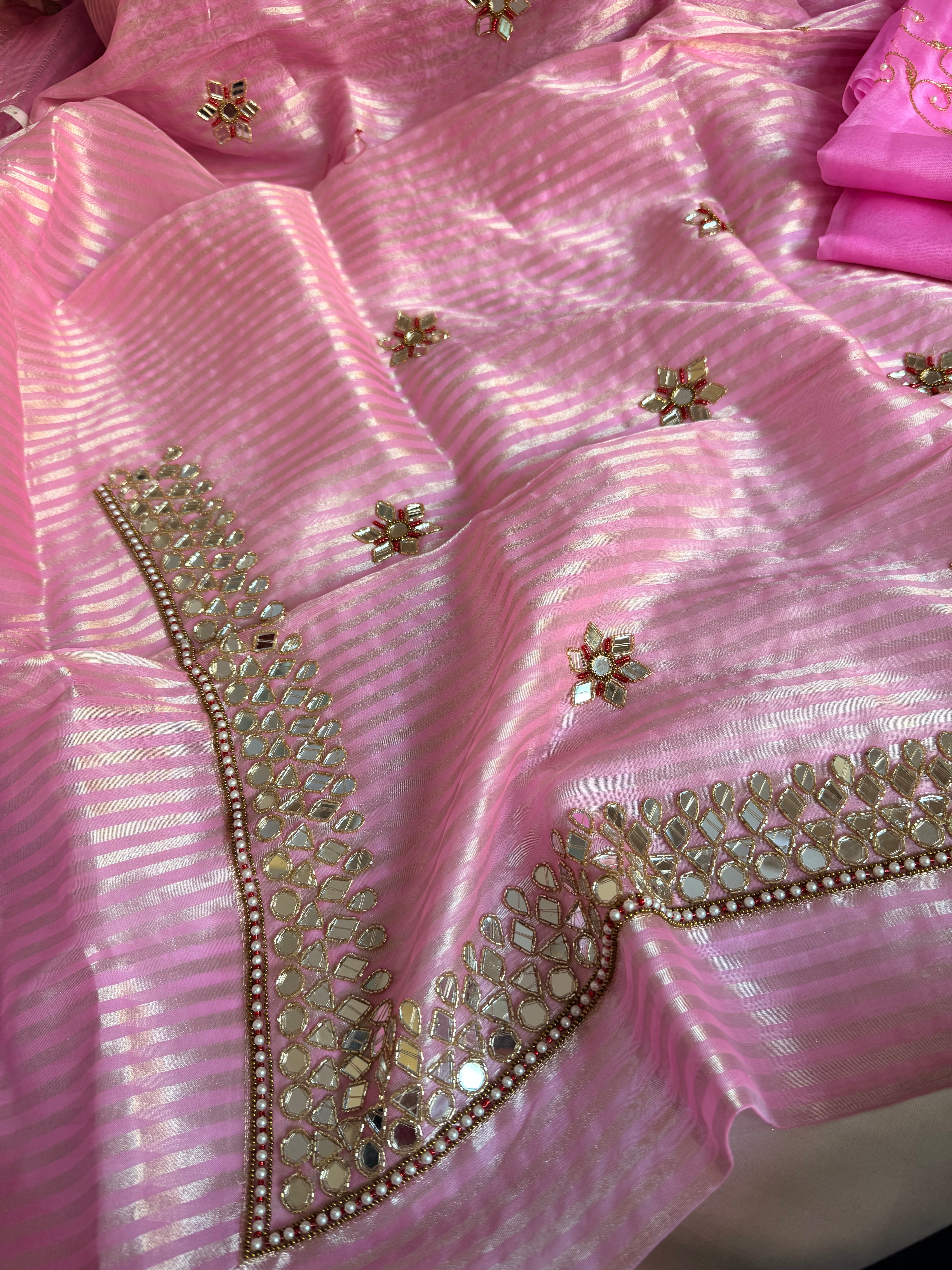 Kora silk silver zari striped mirror work edit hand embroidered kadhwa suit set