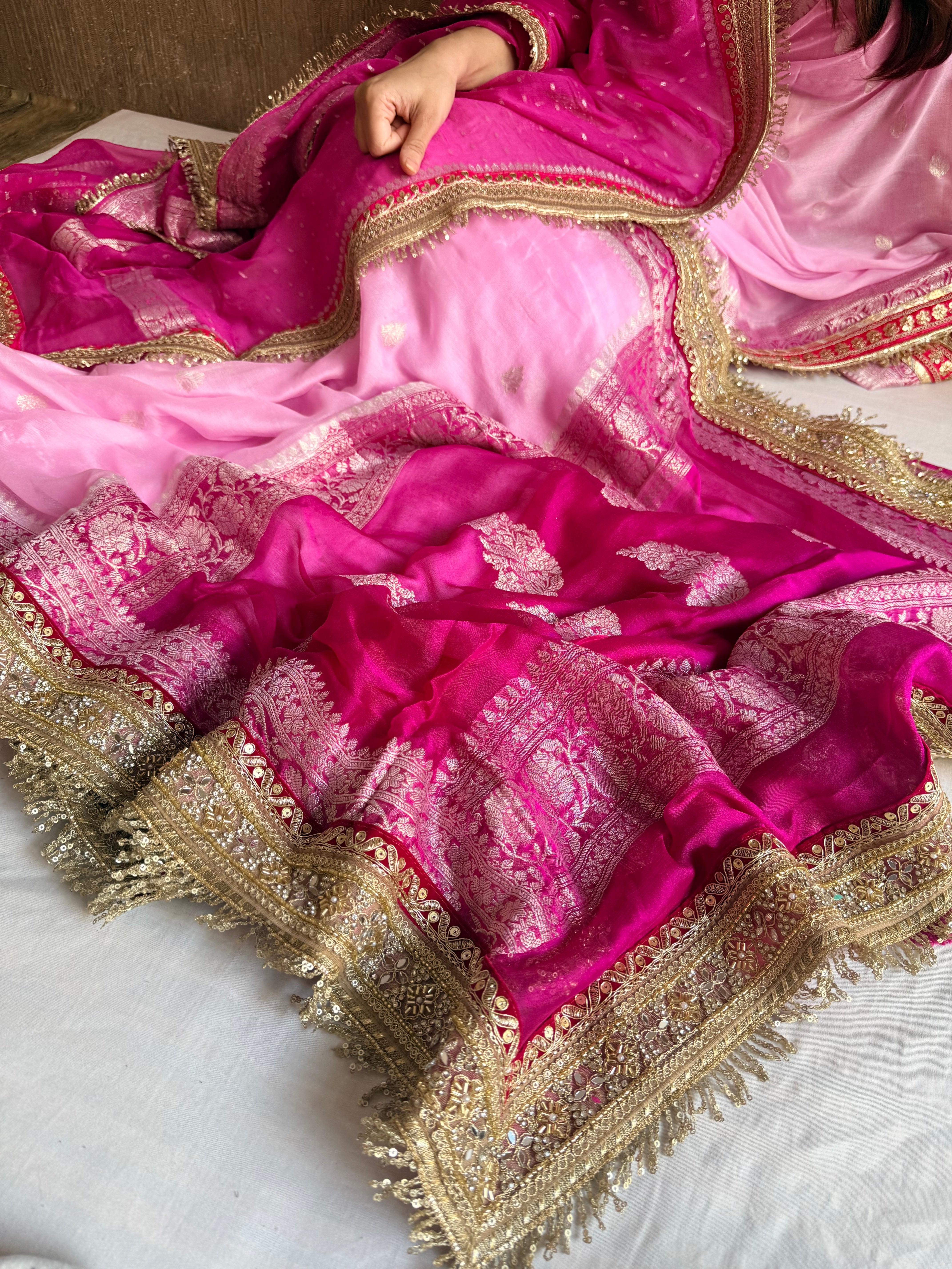 Sridevi edit - Chiffon banarasi gorgette chap dye kadhwa saree duppata set