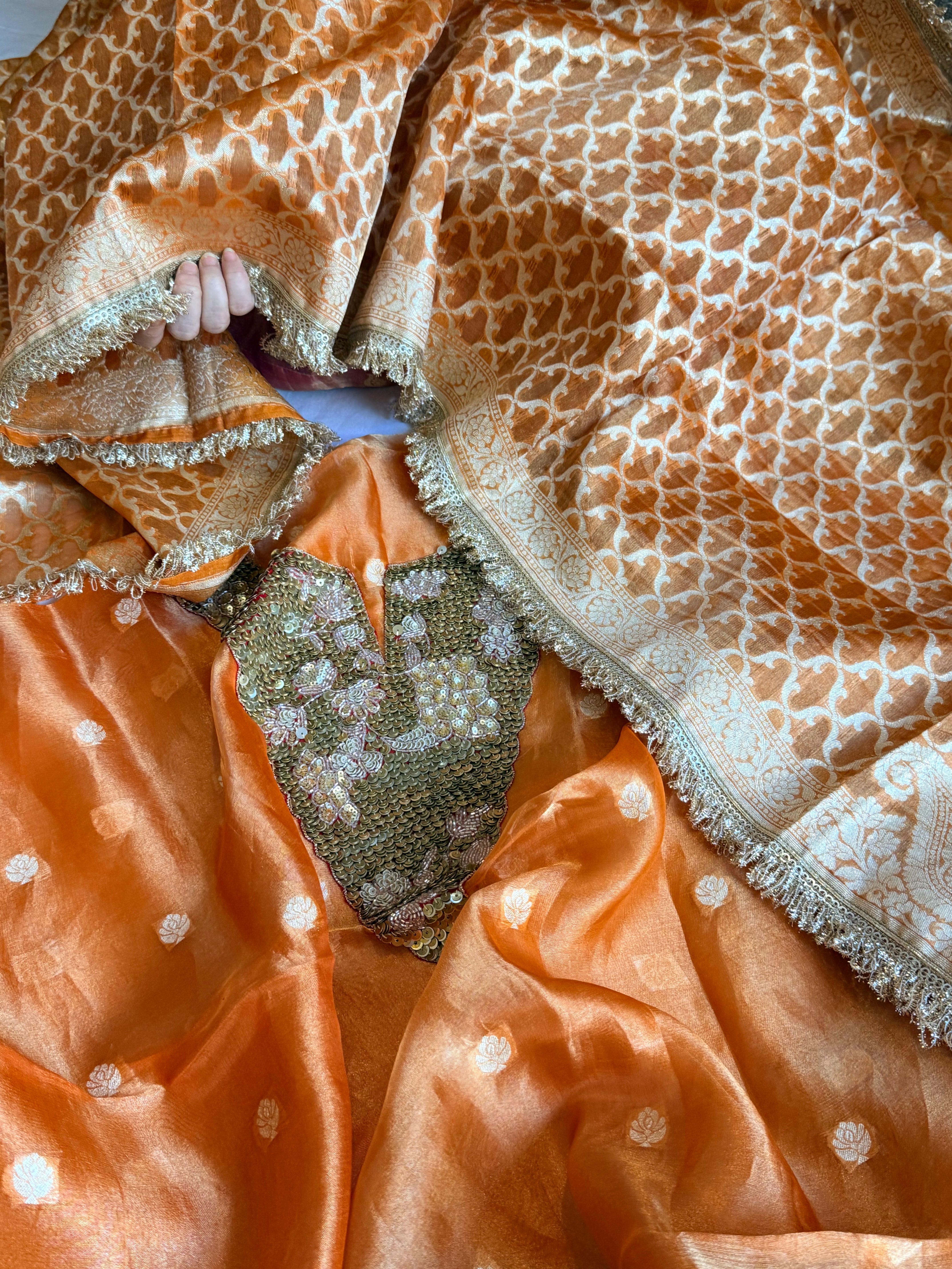 Karwachauth edit tissue silk sequins work hand embroidered suits