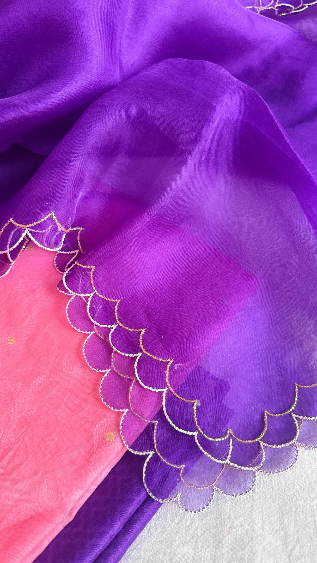 Summer suits under 8k - Mul cotton peach kurta paired with purple scalloped kora silk duppata