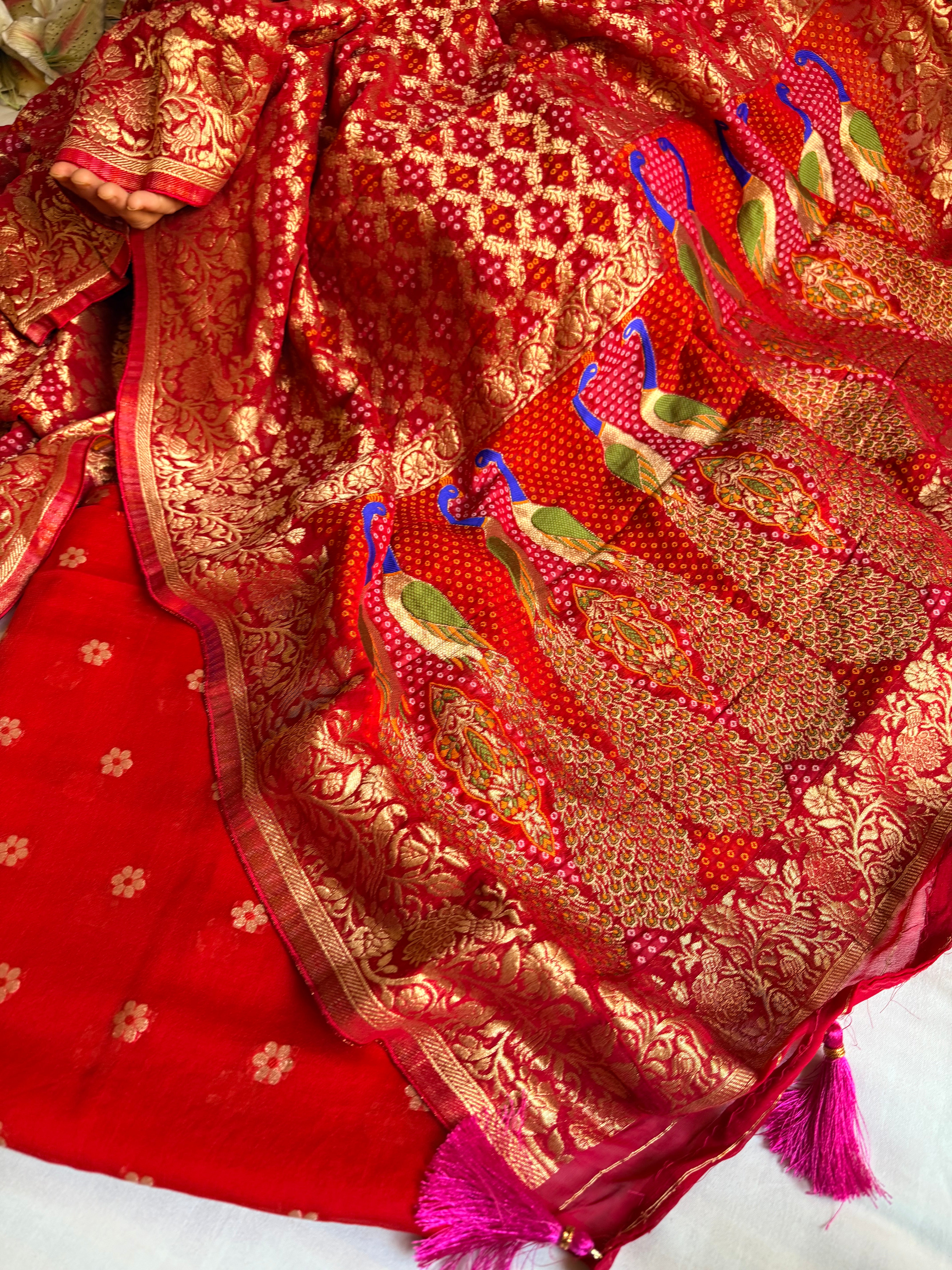 Banarasi rai bandhej peacock weaving gorgette kadhwa suits