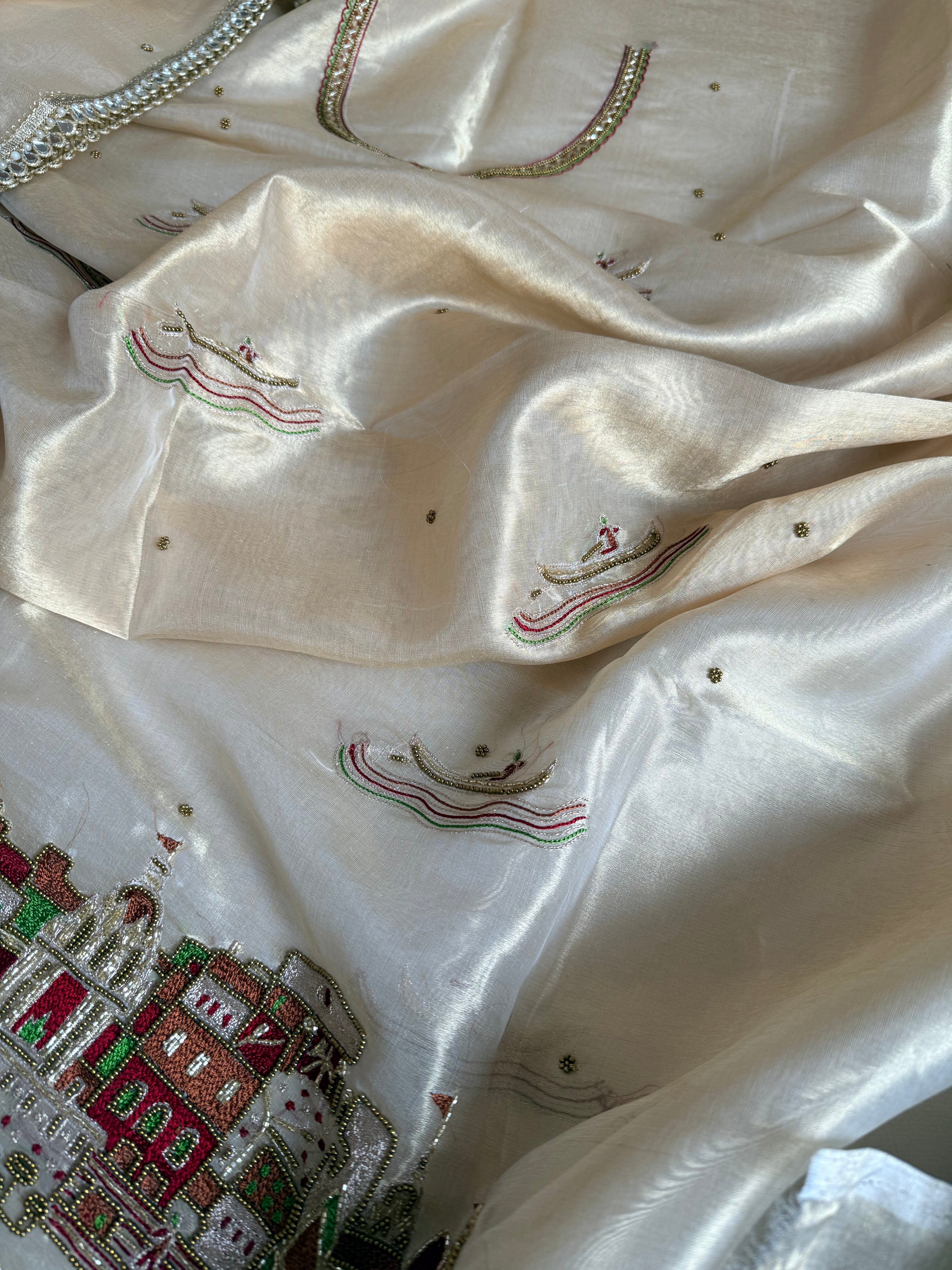 Gangaghat molten gold tissue silk hand embroidered suit set