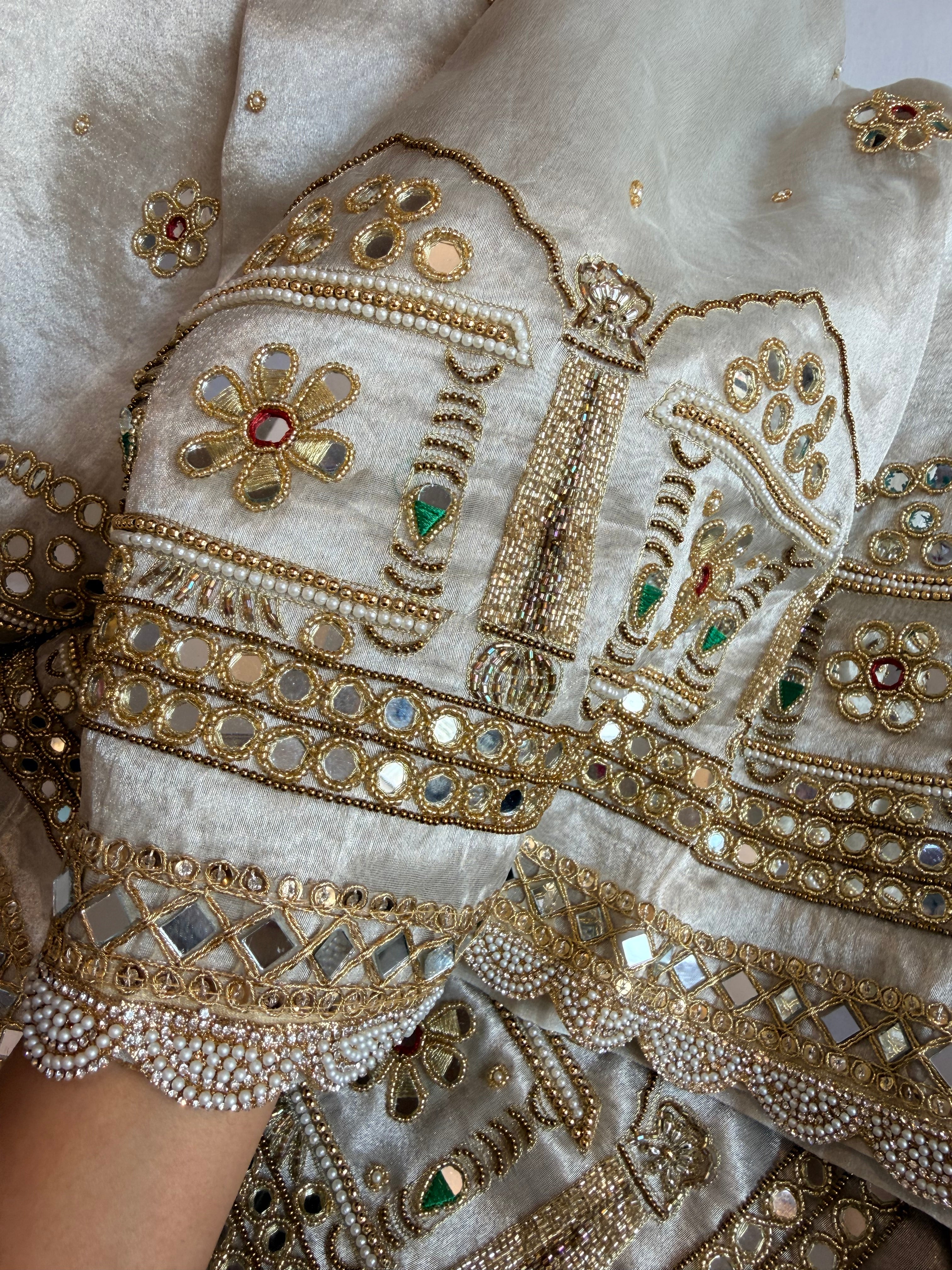 Hawamahal diamond tissue silk mirror work hand embroidered kadhwa saree